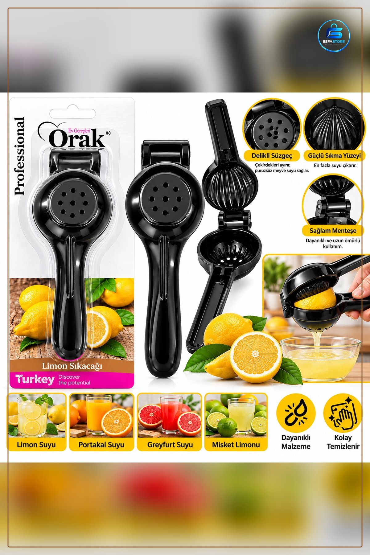 Limon Sıkacağı Siyah El Tipi Manuel Narenciye Portakal Greyfurt Suyu Sıkma Aparatı Mutfak