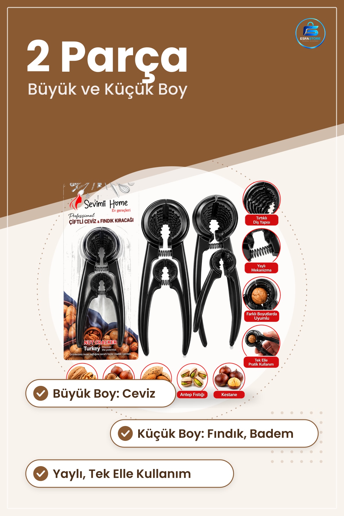 Ceviz Fındık Kıracağı 2 Parça Çiftli Set Badem Antep Fıstığı Kestane Mutfak Büyük Küçük Boy