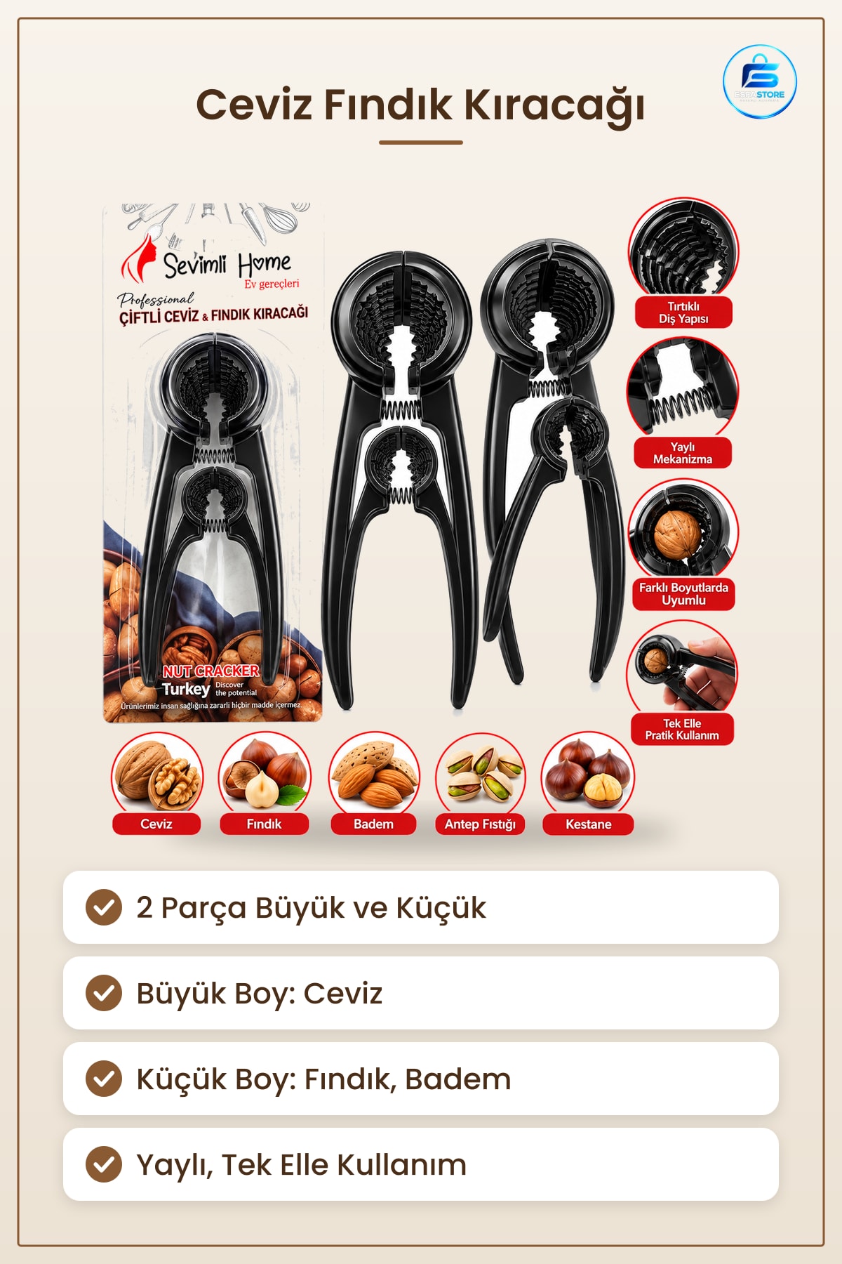 Ceviz Fındık Kıracağı 2 Parça Çiftli Set Badem Antep Fıstığı Kestane Mutfak Büyük Küçük Boy