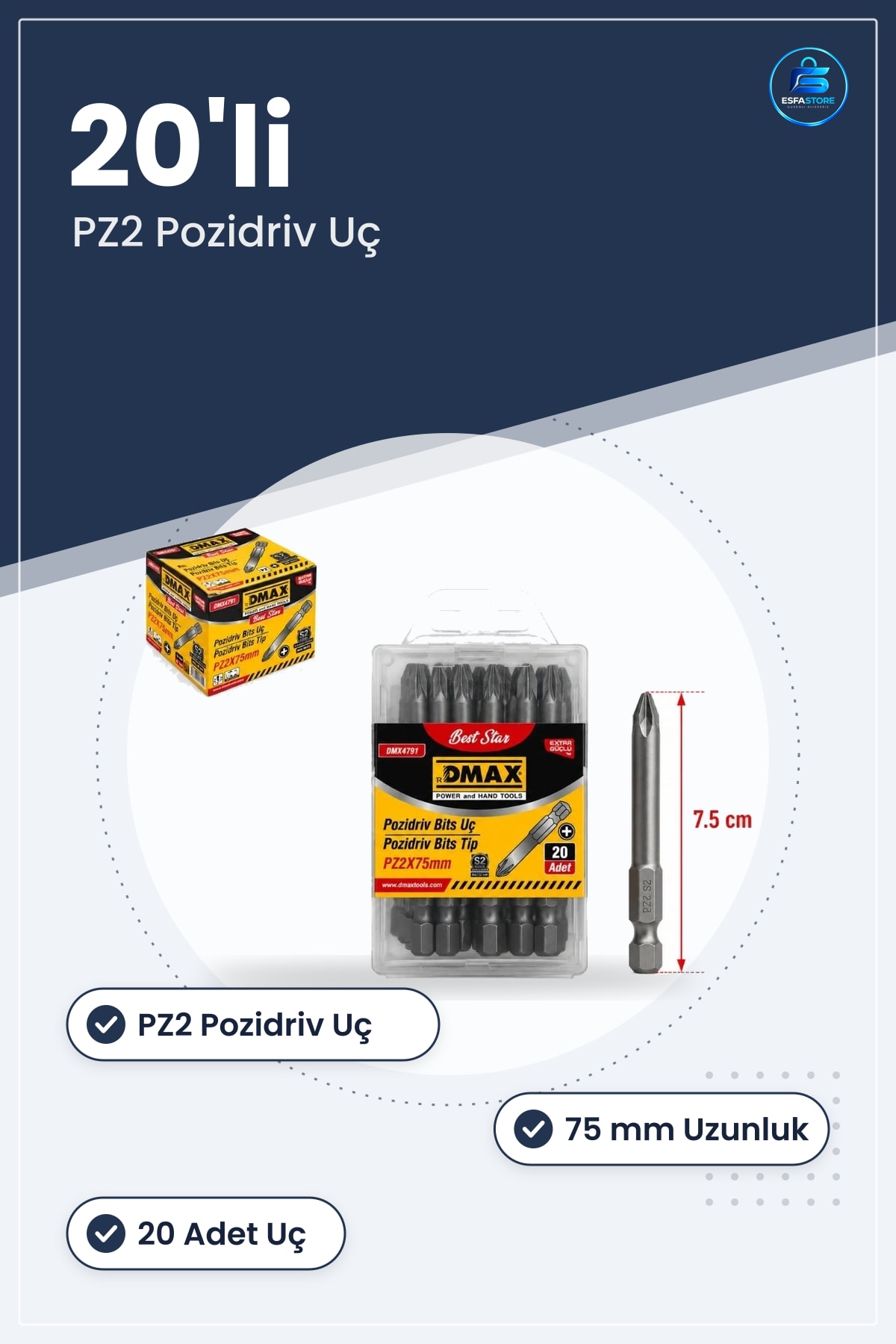 Tornavida Bits Ucu PZ2 75 mm 20'li Pozidriv Set Elektrikli Matkap İçin Vidalama Uç Takımı