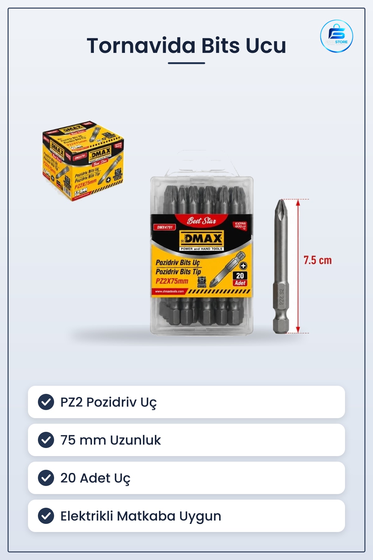 Tornavida Bits Ucu PZ2 75 mm 20'li Pozidriv Set Elektrikli Matkap İçin Vidalama Uç Takımı
