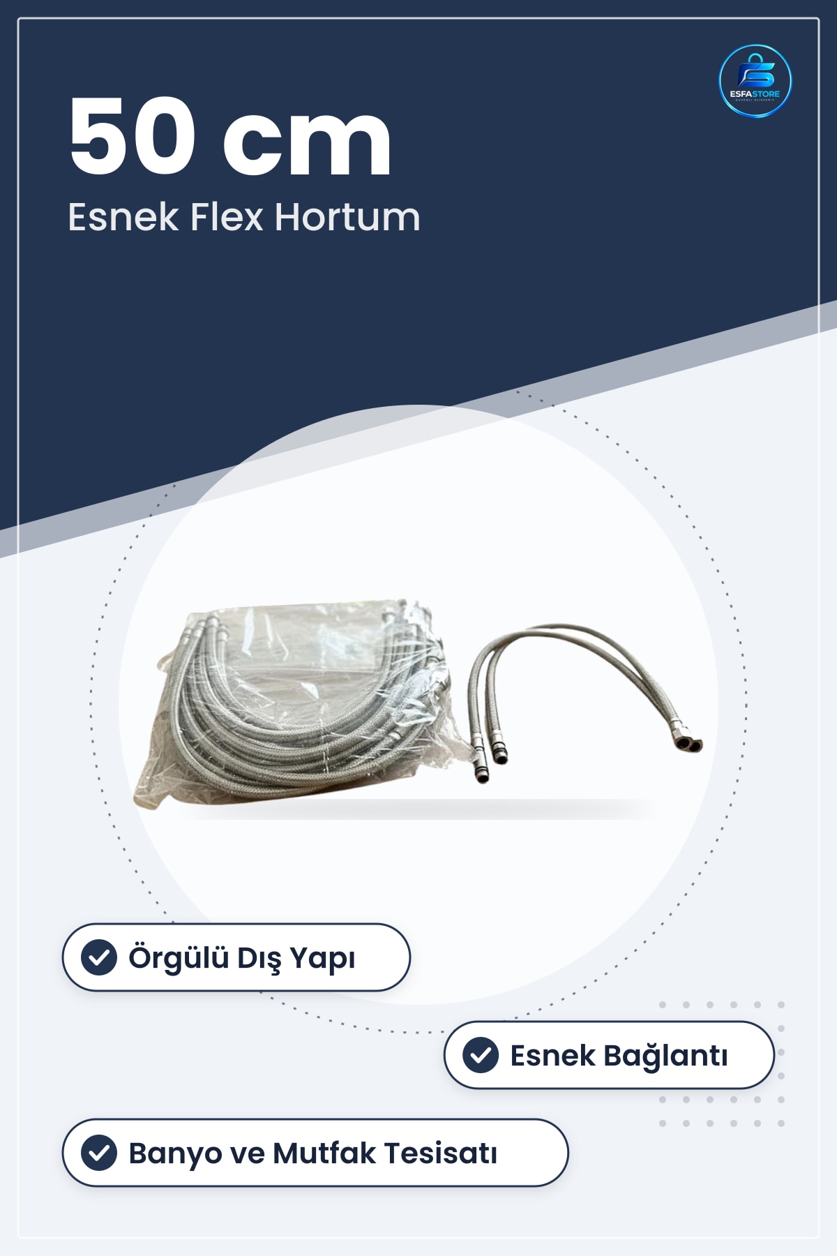 Flex Hortum 50 cm Örgülü Esnek Banyo ve Mutfak Tesisatı Musluk Batarya Su Bağlantısı