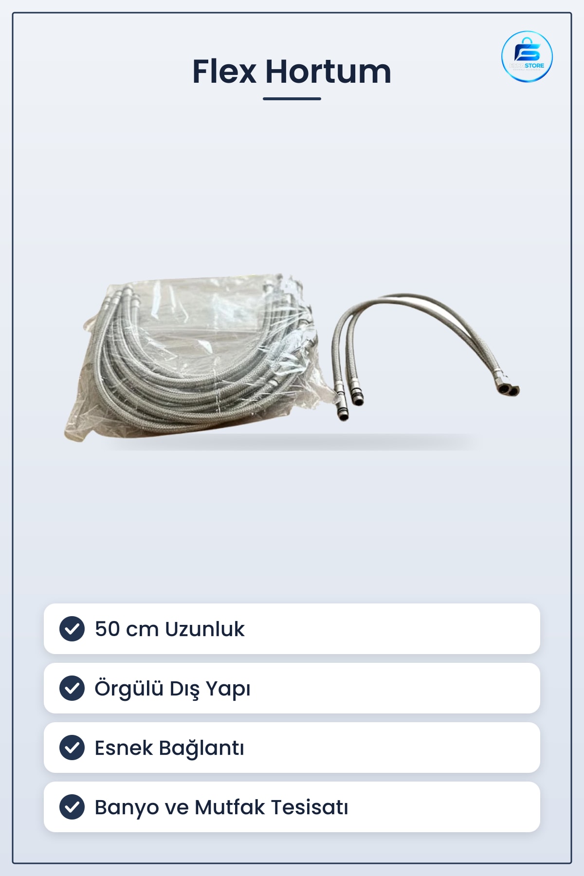 Flex Hortum 50 cm Örgülü Esnek Banyo ve Mutfak Tesisatı Musluk Batarya Su Bağlantısı