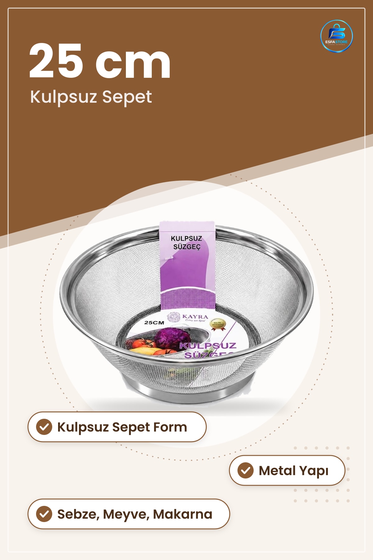 Süzgeç 25 cm Kulpsuz Metal Sepet Form Mutfak Sebze Meyve Yıkama Süzme Kabı Yemek Hazırlık