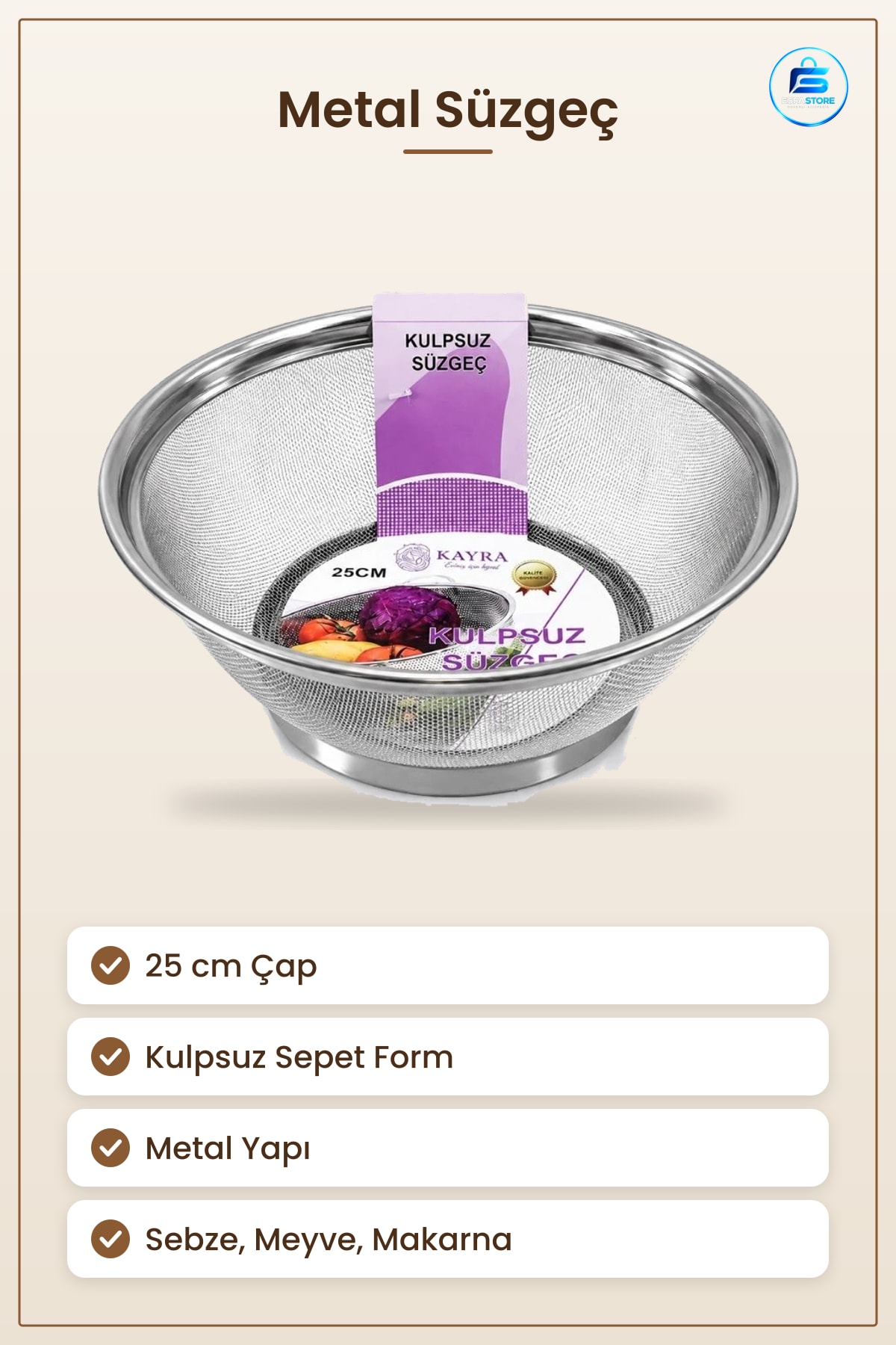 Süzgeç 25 cm Kulpsuz Metal Sepet Form Mutfak Sebze Meyve Yıkama Süzme Kabı Yemek Hazırlık