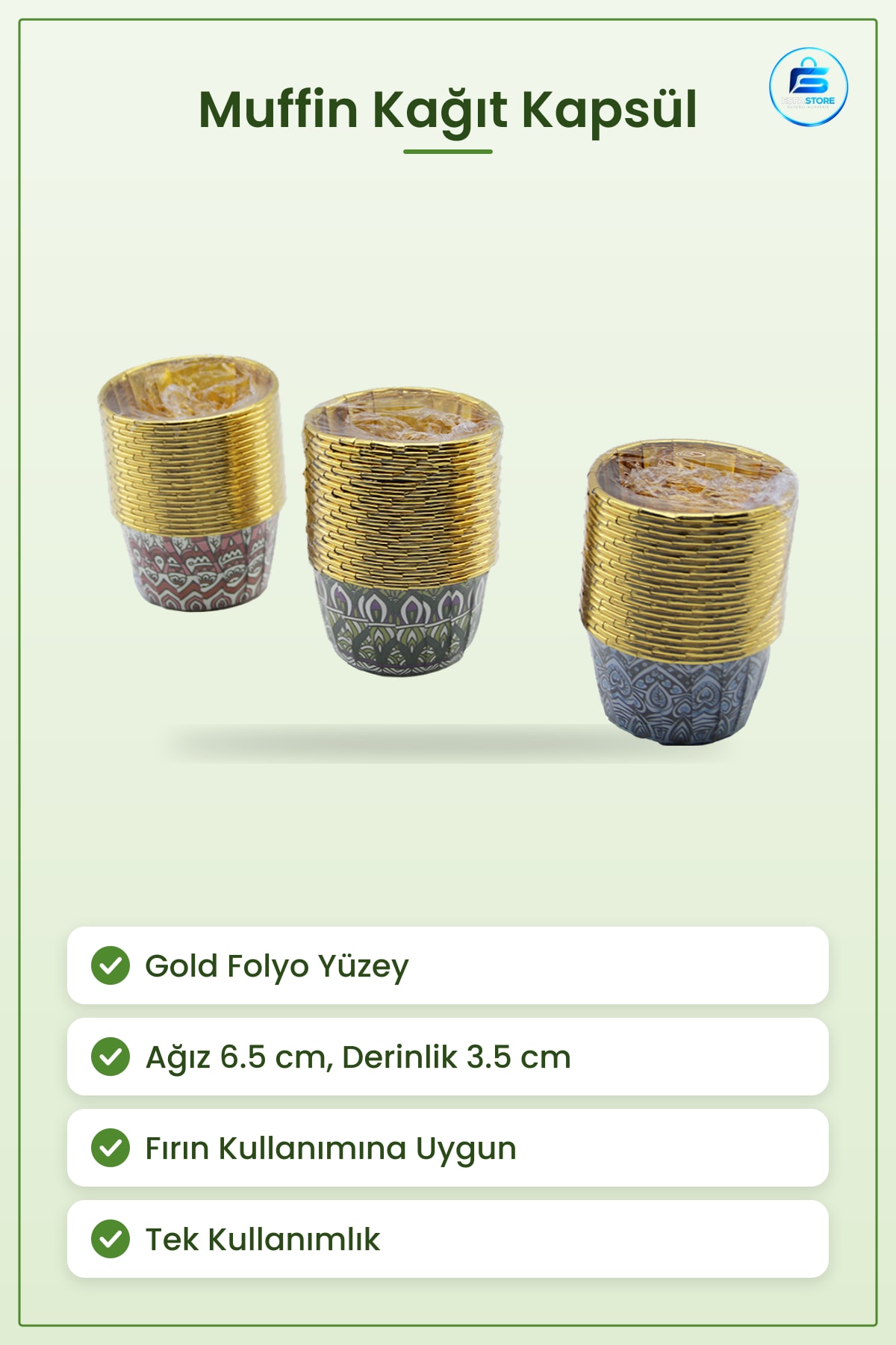 Muffin Kağıt Kapsül Gold Folyo Yuvarlak Kalın Ağız 6.5 cm Derinlik 3.5 Pişirme Servis Malzemesi