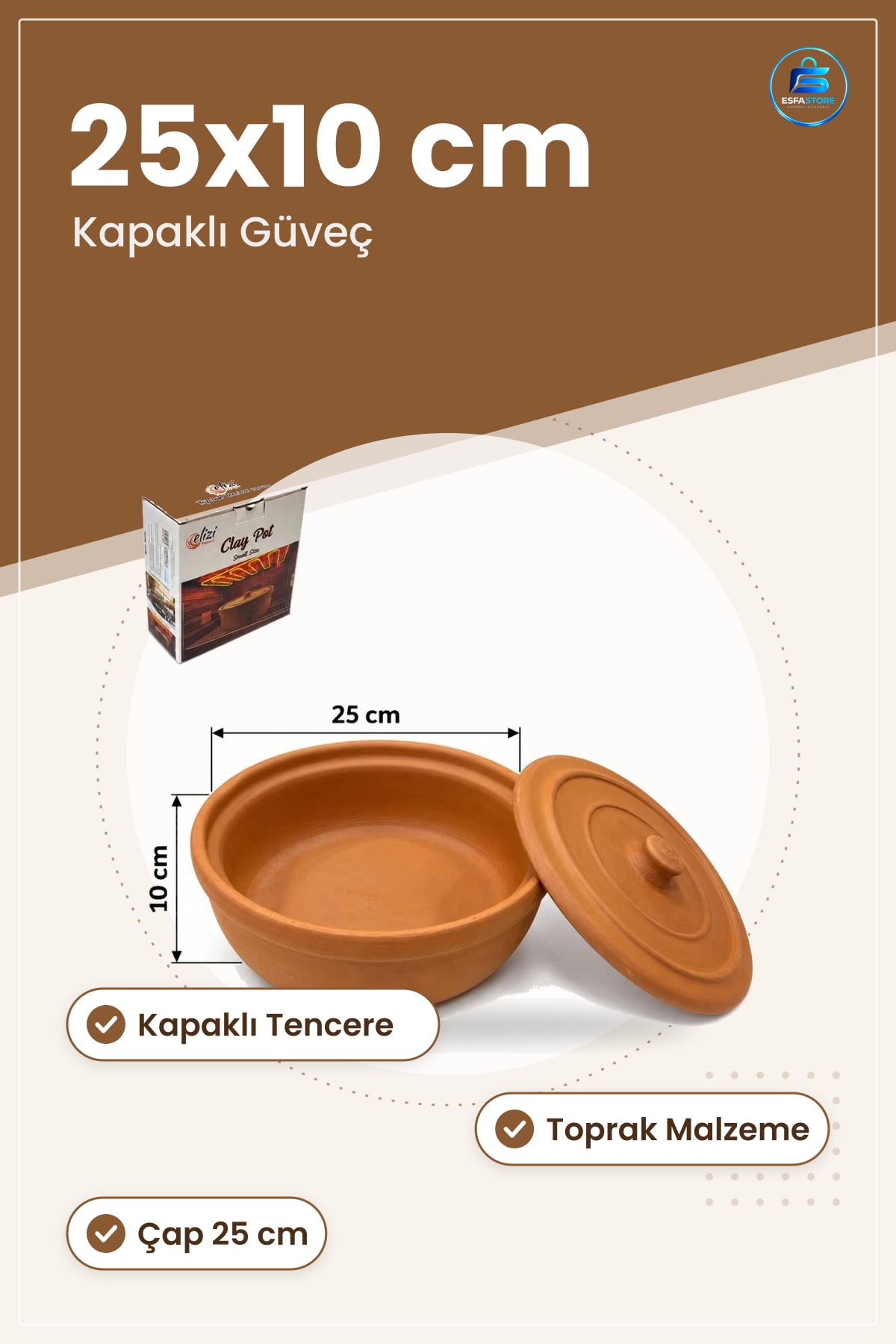 Küçük Boy Toprak Güveç Tencere Kapaklı 25x10 cm Pişirme Mutfak Kil Terakotta Servis