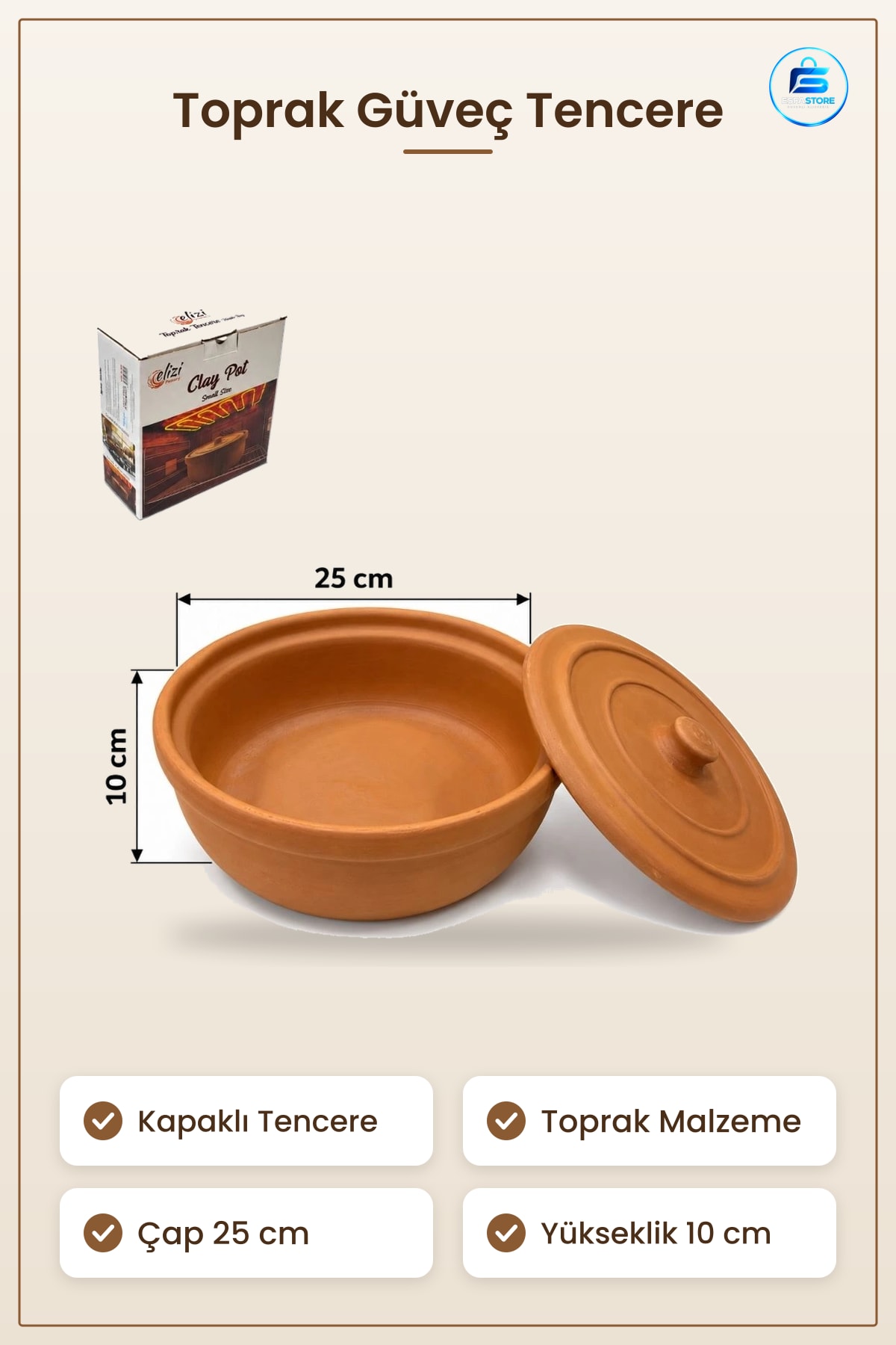 Küçük Boy Toprak Güveç Tencere Kapaklı 25x10 cm Pişirme Mutfak Kil Terakotta Servis
