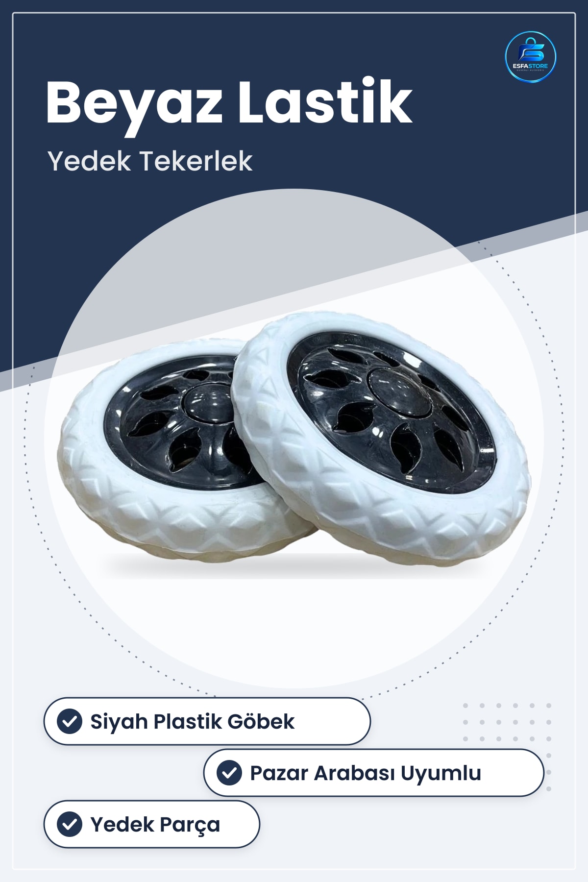 Pazar Arabası Tekeri 1 Adet Taşıma Beyaz Lastik Siyah Plastik Göbekli Tekerlek Yedek Parça