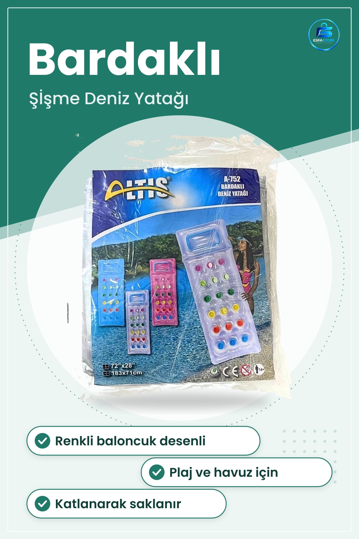 Deniz Yatağı 183x71 cm Şişme Bardaklı Plaj Havuz Yüzme Dinlenme Yüzer Şezlong Taşınabilir