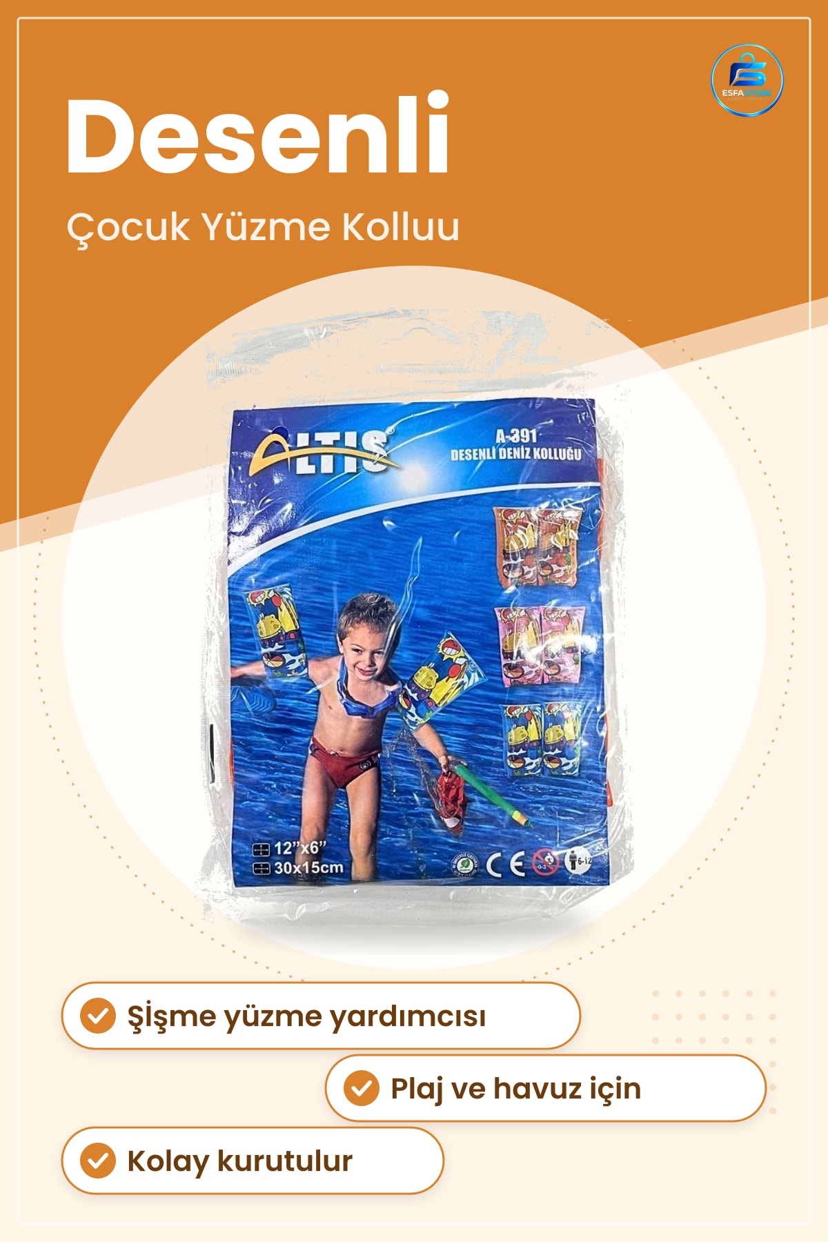 Deniz Kolluğu 30x15 cm Desenli Çocuk Yüzme Kolluk Simit Plaj Havuz Şişme Koruyucu