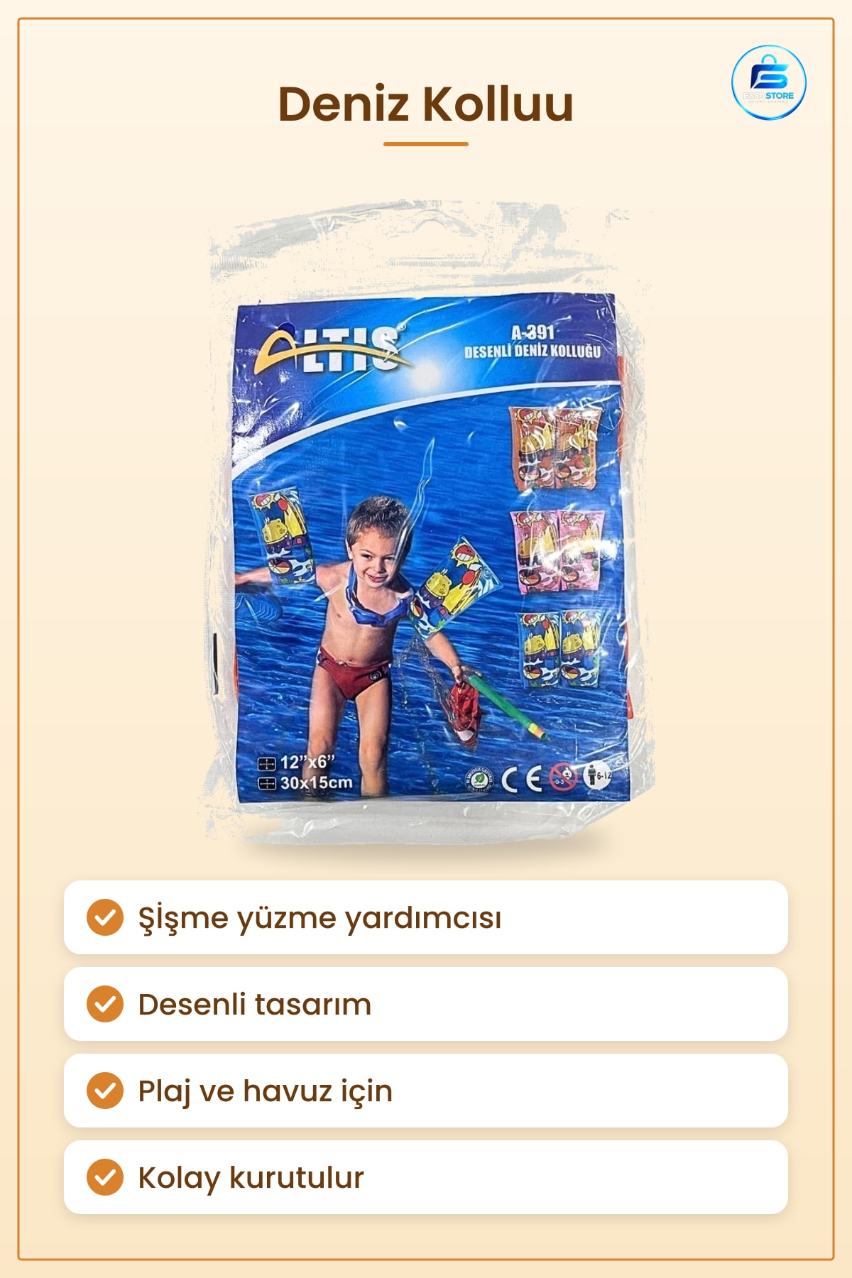 Deniz Kolluğu 30x15 cm Desenli Çocuk Yüzme Kolluk Simit Plaj Havuz Şişme Koruyucu