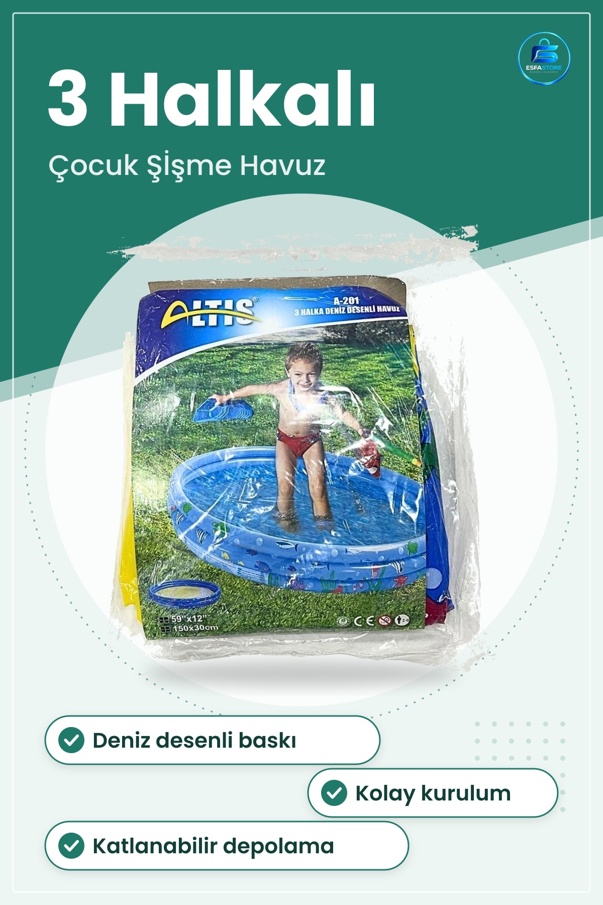 Deniz Desenli Şişme Havuz 3 Halkalı 150x30 cm Çocuk Bahçe Yaz Eğlencesi Dayanıklı Pratik Kurulum