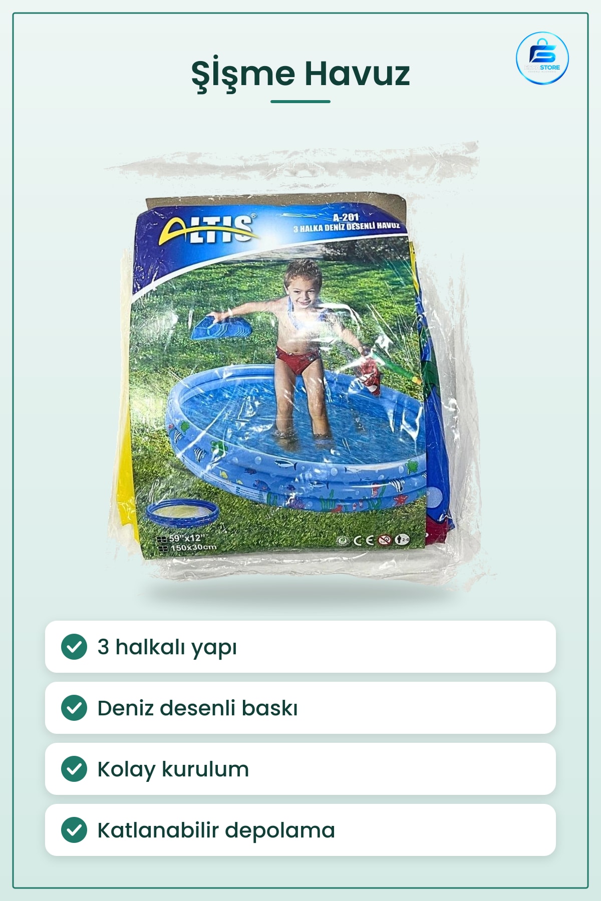 Deniz Desenli Şişme Havuz 3 Halkalı 150x30 cm Çocuk Bahçe Yaz Eğlencesi Dayanıklı Pratik Kurulum