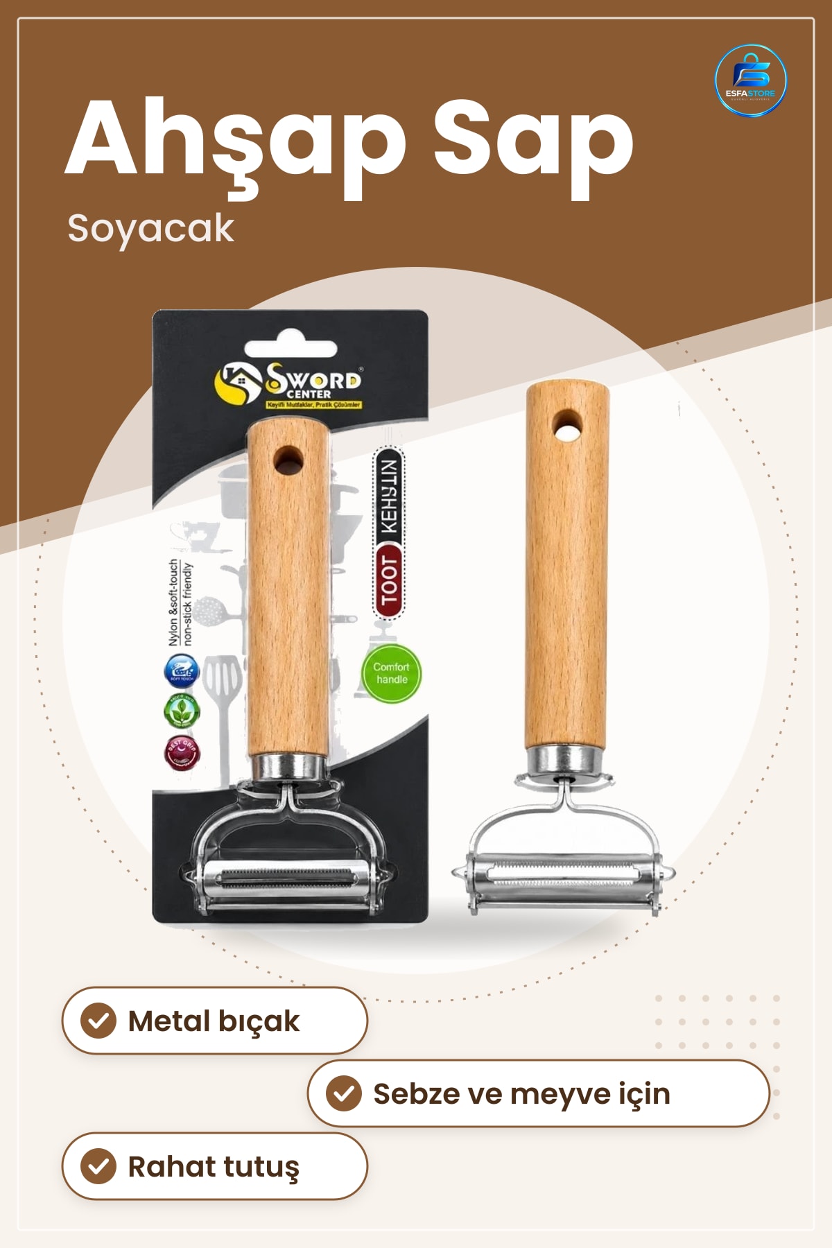 Ahşap Saplı Soyacak Metal Bıçaklı Sebze Meyve Soyma Aleti Mutfak Yemek Hazırlık Pratik