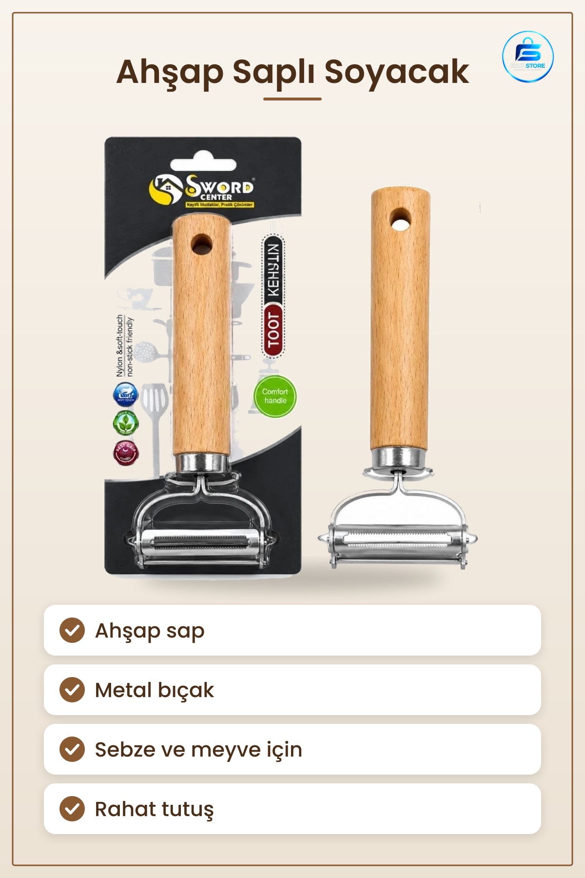 Ahşap Saplı Soyacak Metal Bıçaklı Sebze Meyve Soyma Aleti Mutfak Yemek Hazırlık Pratik