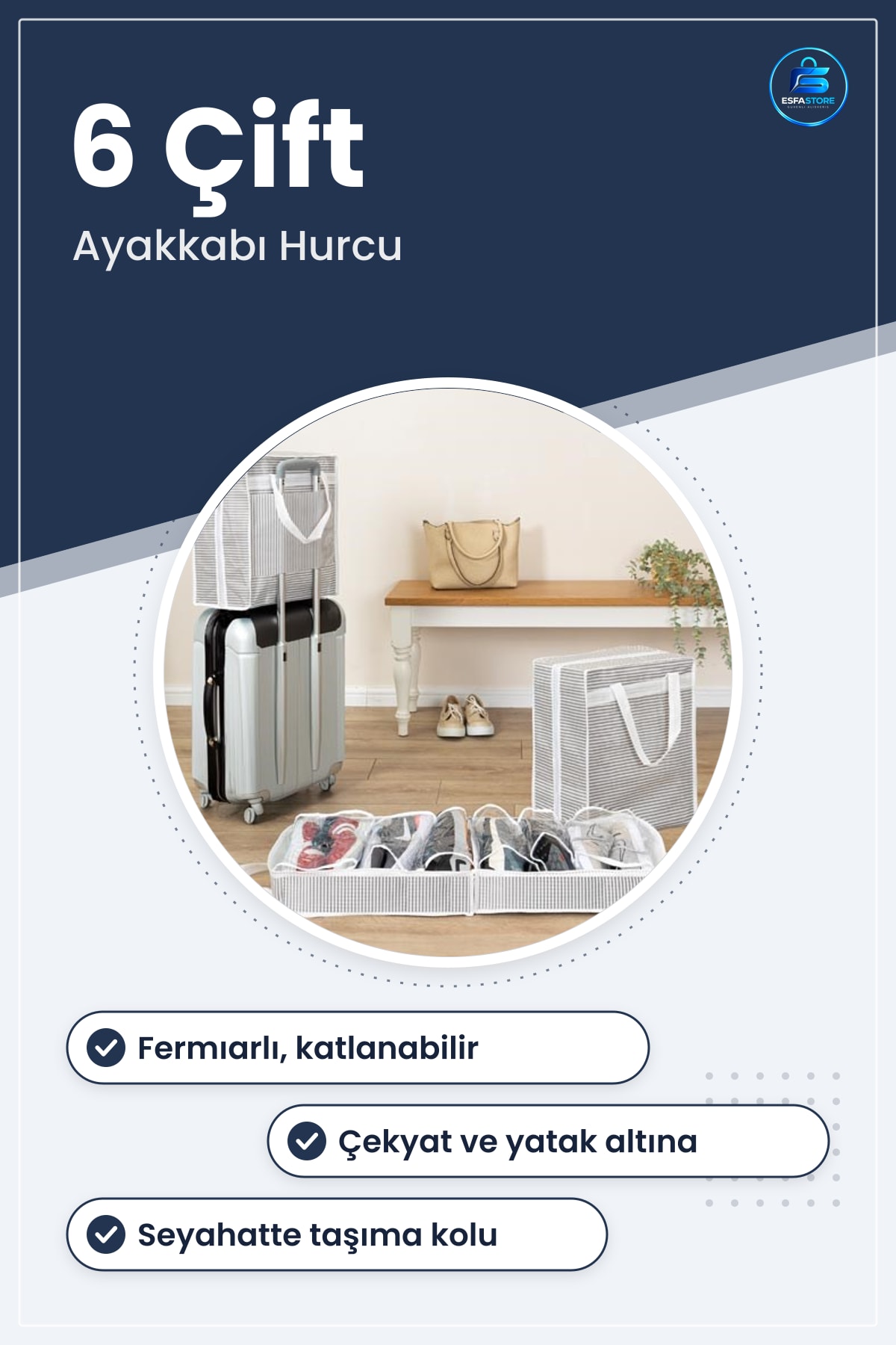 Ayakkabı Saklama Çantası Fermuarlı Katlanabilir Taşıma Hurcu Valizi 6 Çift Kapasiteli