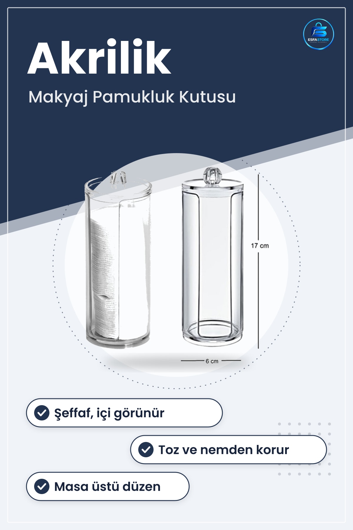 Makyaj Pamukluk Kutusu Kapaklı Akrilik Şeffaf Düzenleyici Organizer Pamuğu Saklama Kabı Kozmetik