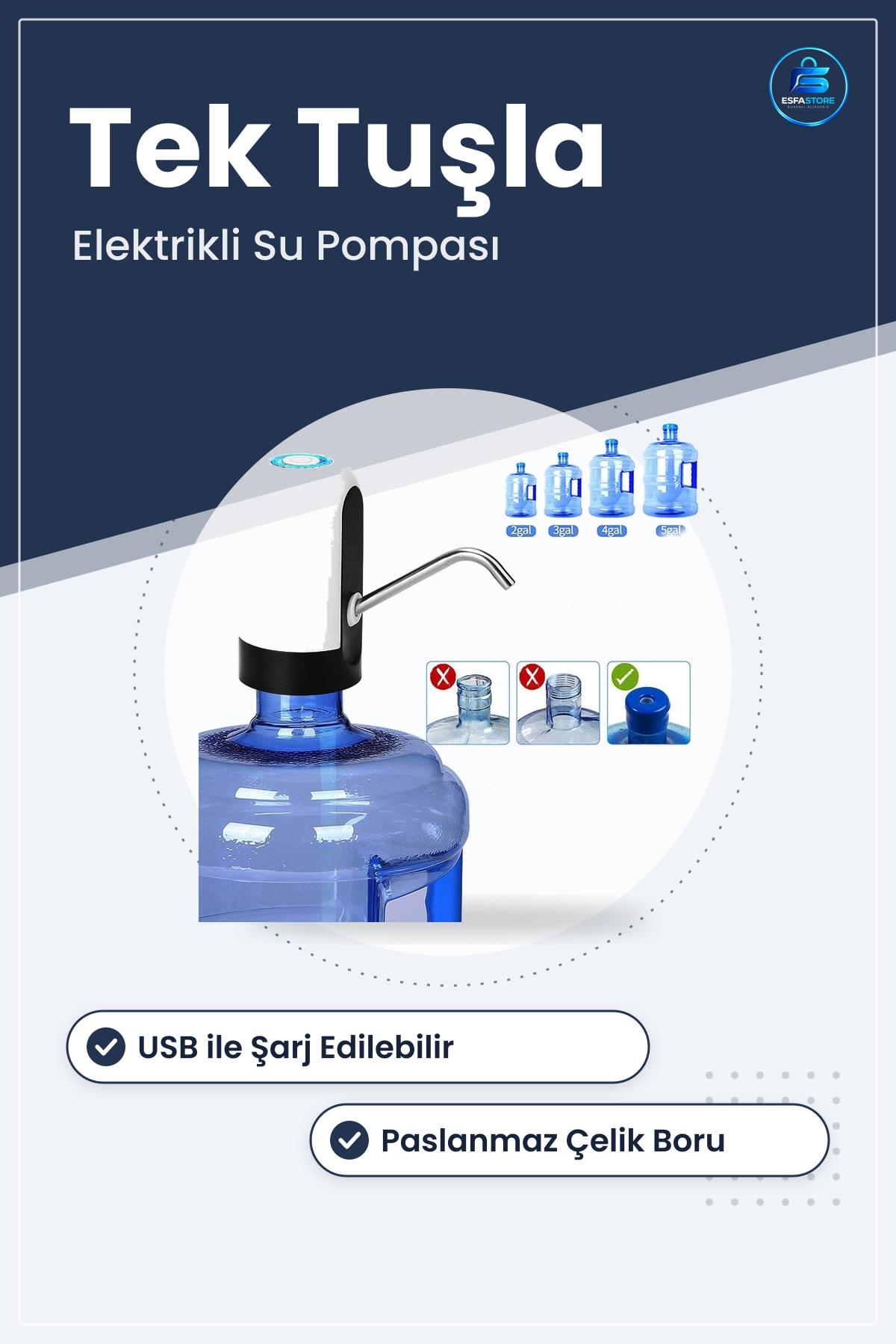 Damacana Su Pompası Usb ile Şarj Edilebilir Elektrikli Otomatik Taşınabilir Paslanmaz Çelik Borulu