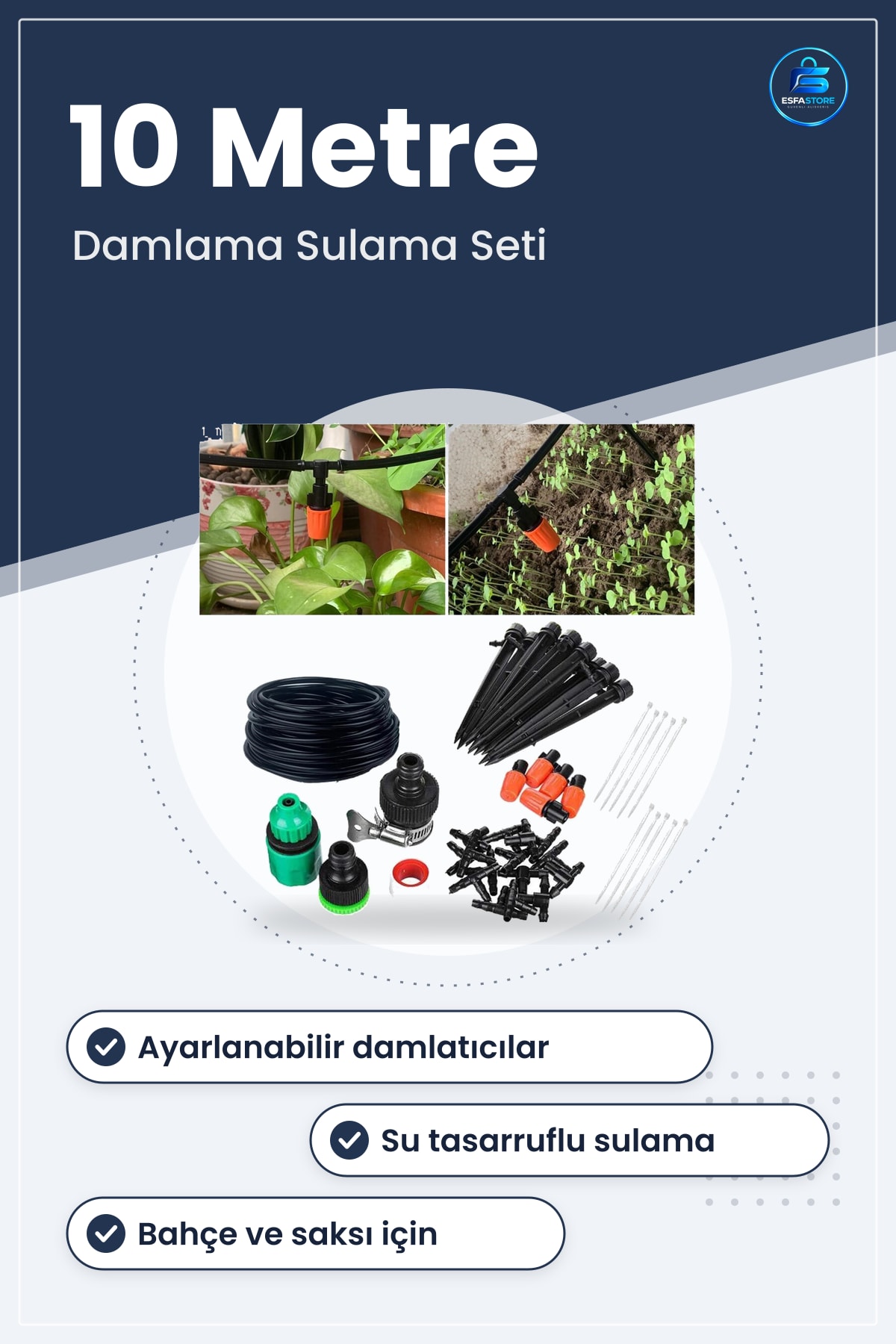 Bahçe Damlama Sulama Sistemi Seti 10 Metre Komple Hortum ve 15 m Vinil Boru Ek Parçaları