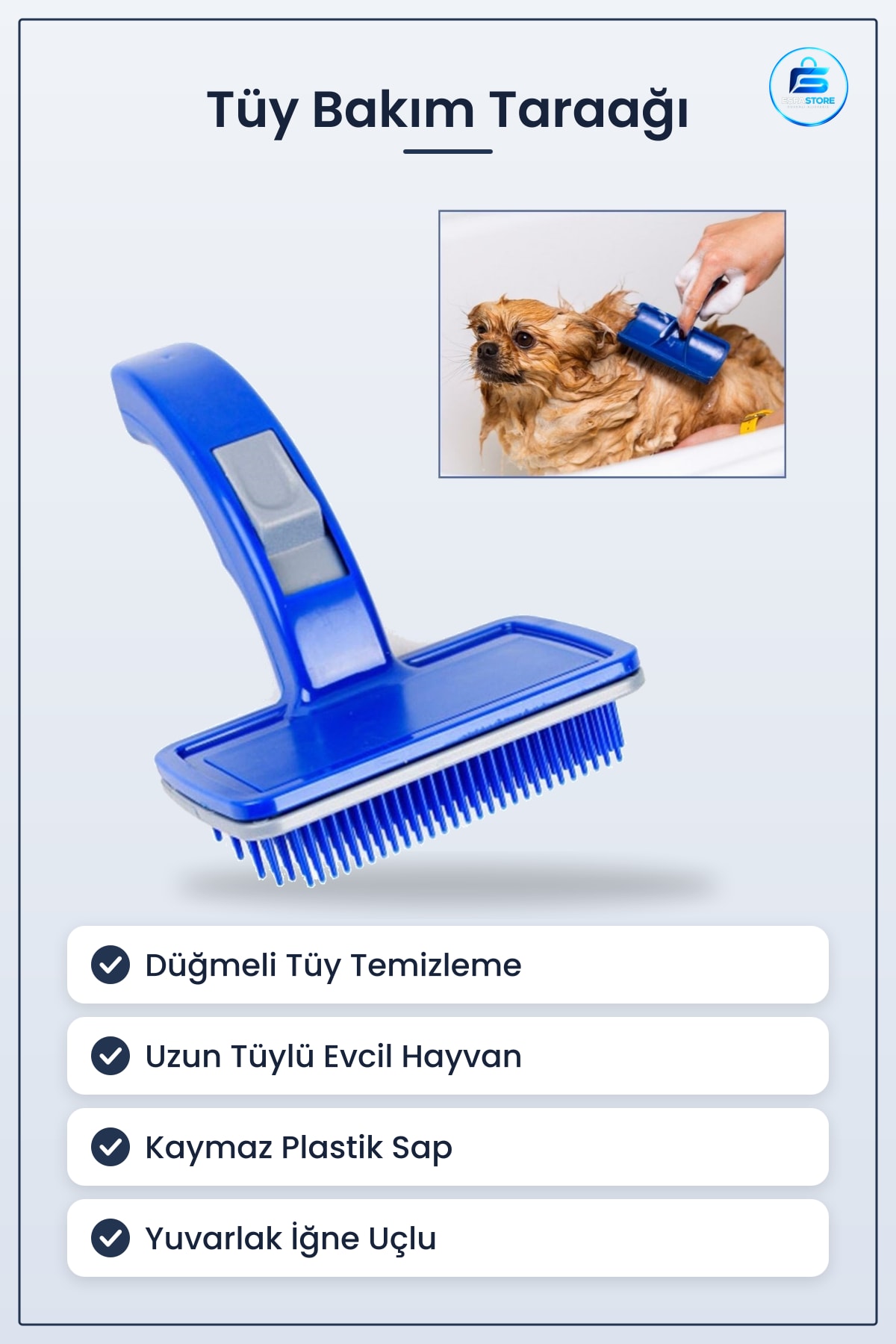 Kedi Köpek Tüy Bakım Tarağı Kendini Temizleyen Düğmeli Plastik İğne Uçlu Fırça 17cm x 12,5 cm 5cm