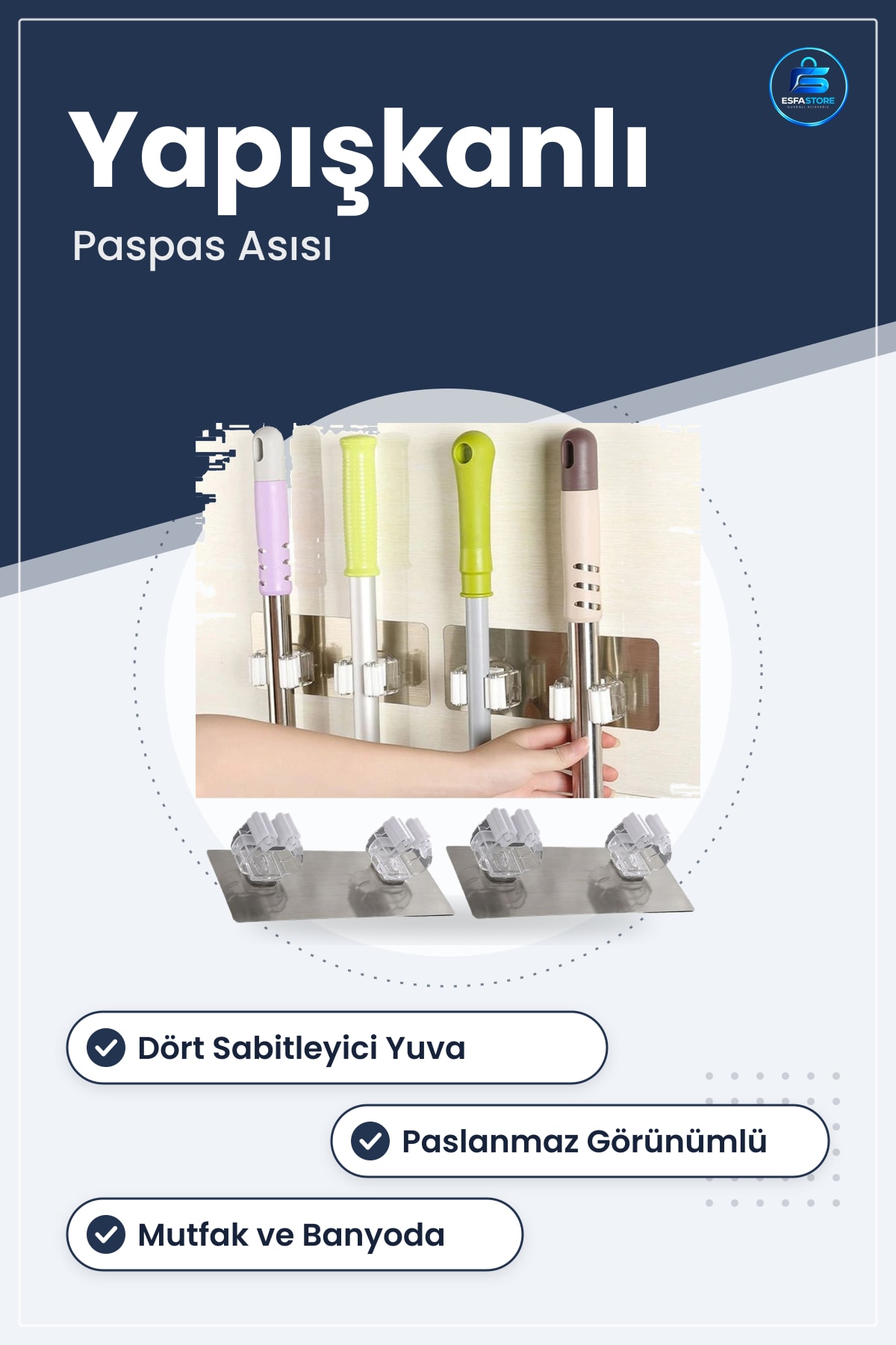 Paspas Fırça Sabitleyici Duvar Aparatı Yapışkanlı Ergonomik Organizer Düzenleyici Mutfak Banyo