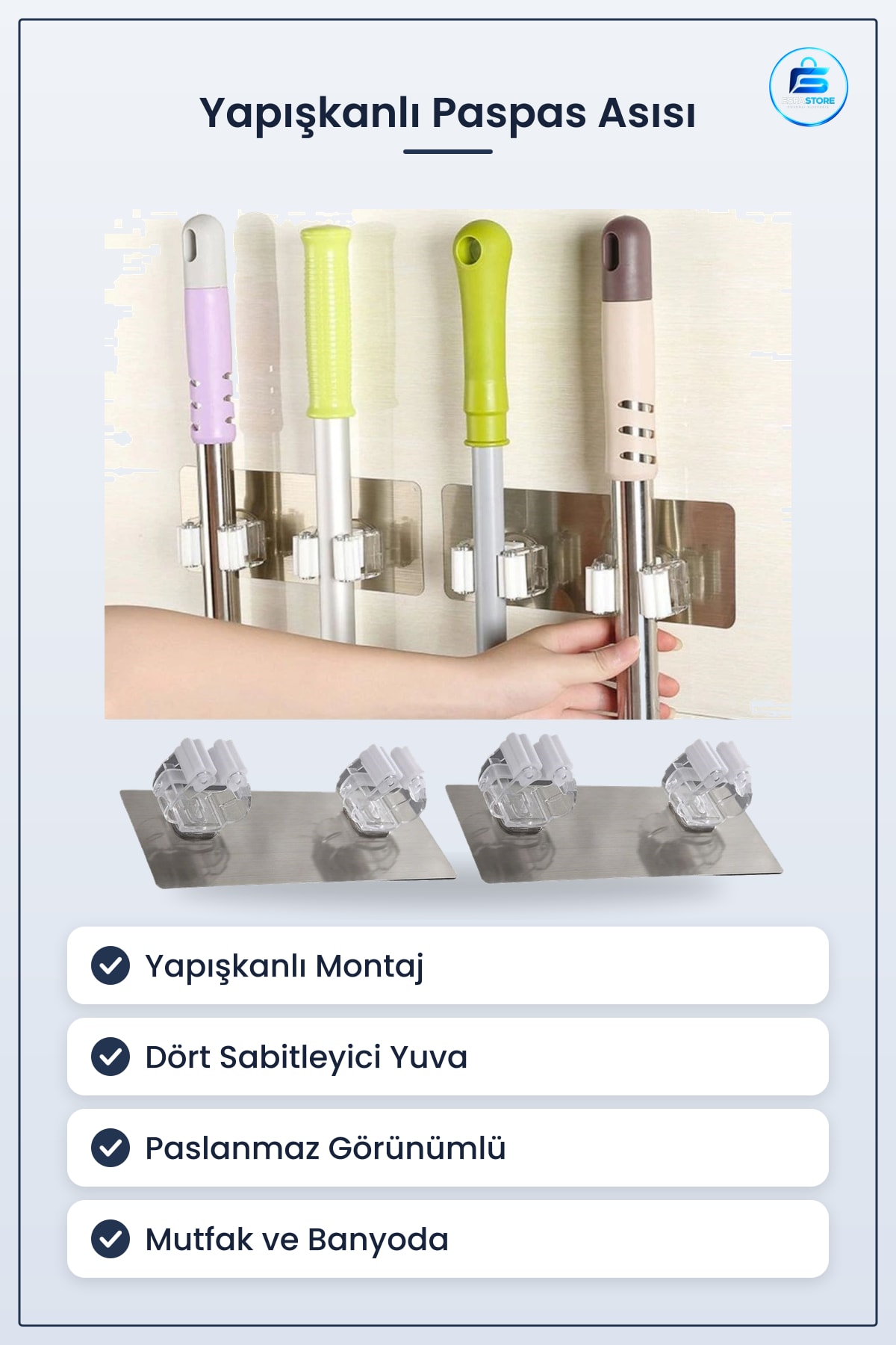 Paspas Fırça Sabitleyici Duvar Aparatı Yapışkanlı Ergonomik Organizer Düzenleyici Mutfak Banyo