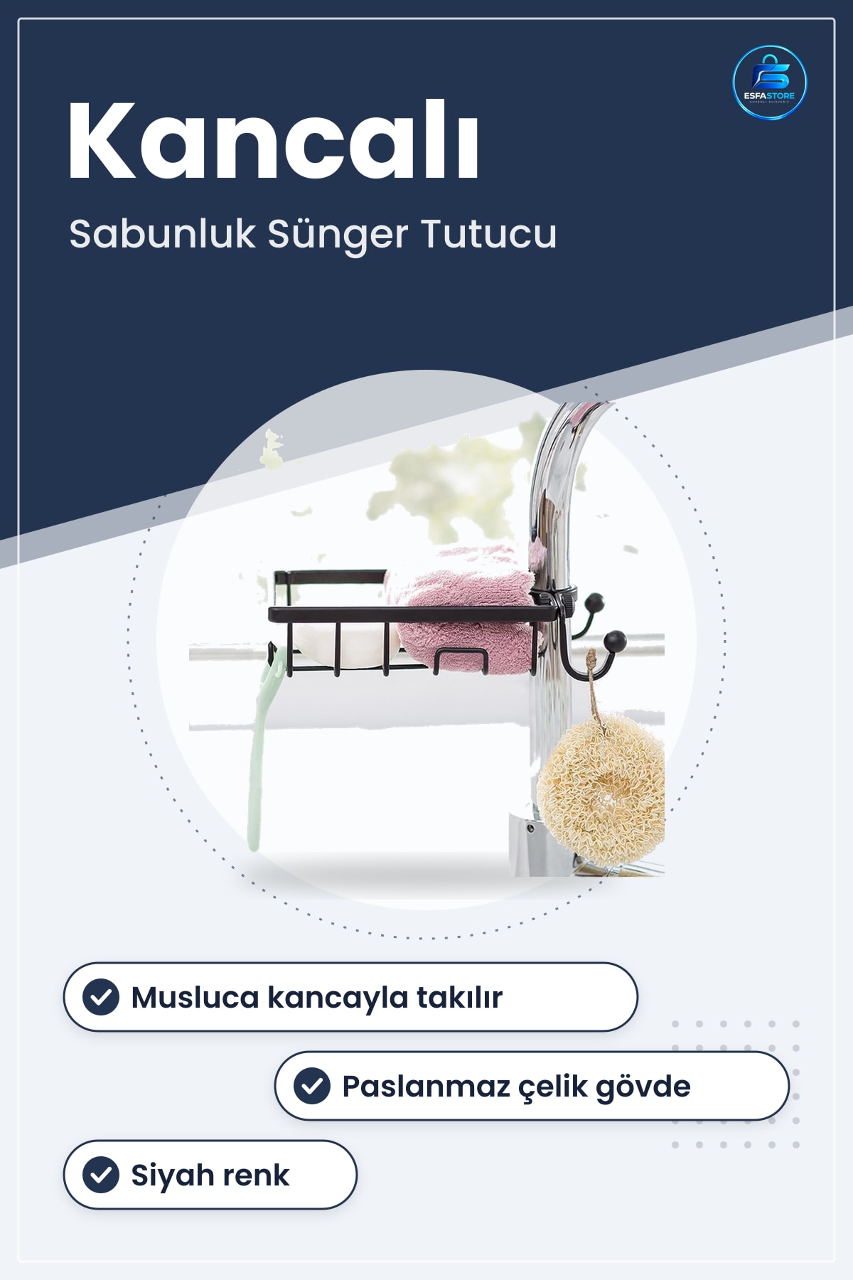 Sabunluk ve Sünger Tutucu Paslanmaz Çelik Musluğa Sabitlenebilir Aparat Kullanışlı Mutfak Banyo