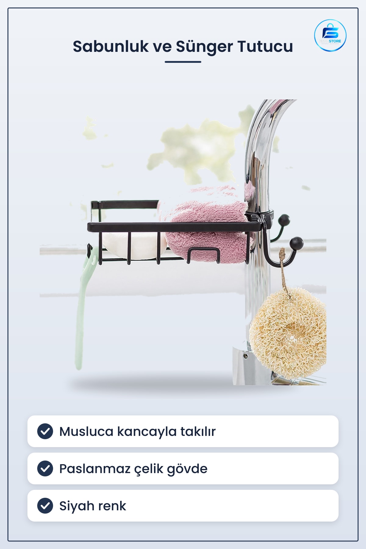 Sabunluk ve Sünger Tutucu Paslanmaz Çelik Musluğa Sabitlenebilir Aparat Kullanışlı Mutfak Banyo
