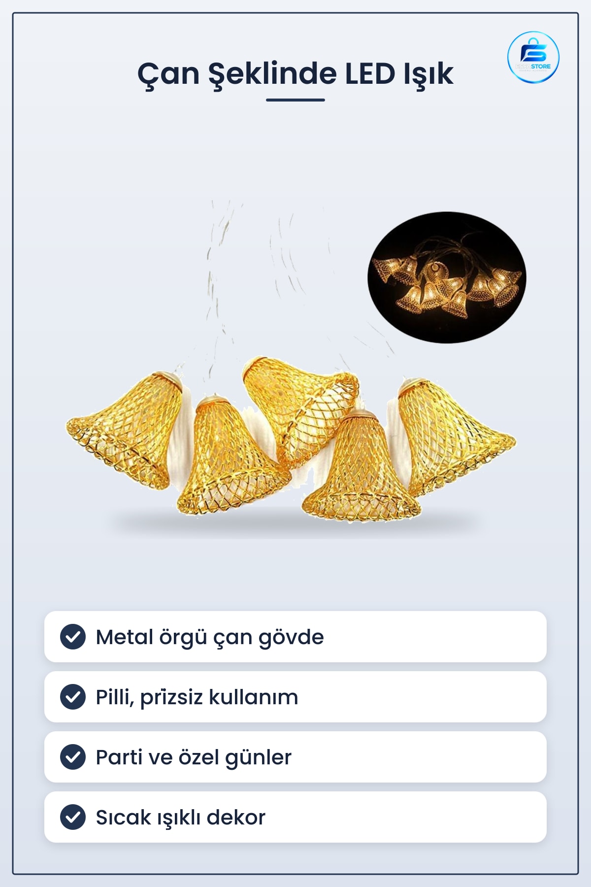 Çan Şeklinde Metal Şerit Led Işık Parti ve Özel Gün Dekorasyonu Pilli Gece Süsleme Aydınlatma
