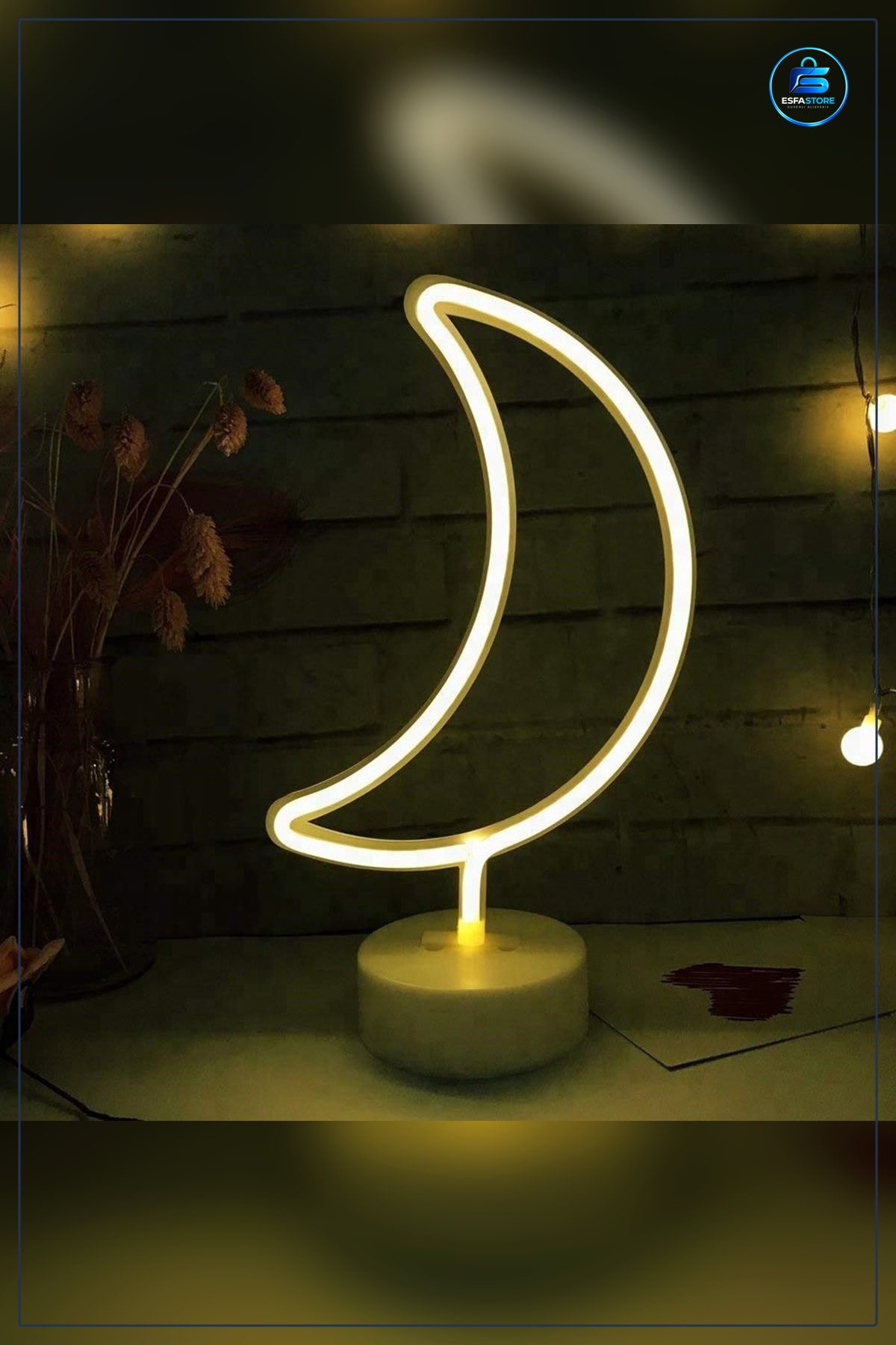 Dekoratif Ay Tasarımlı 3D Neon Led Masa ve Gece Lambası Pilli USB 28x19x15 cm Yatak Odası