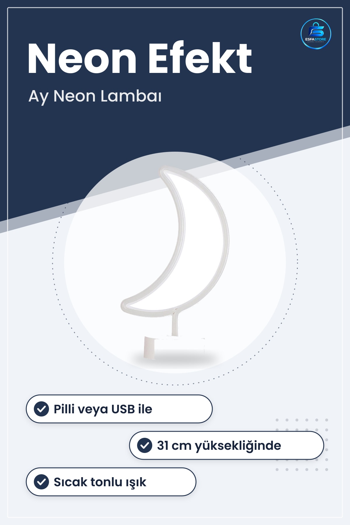 Dekoratif Ay Tasarımlı 3D Neon Led Masa ve Gece Lambası Pilli USB 28x19x15 cm Yatak Odası