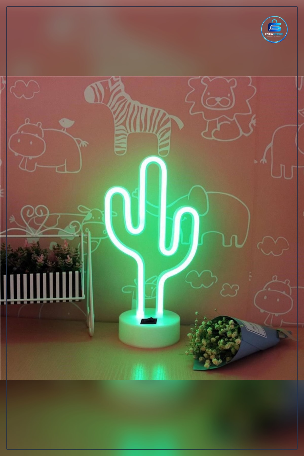 Kaktüs Dekoratif Neon LED Masa ve Duvar Lambası Pilli Gece Işığı 22x22 cm Dekor Aydınlatma