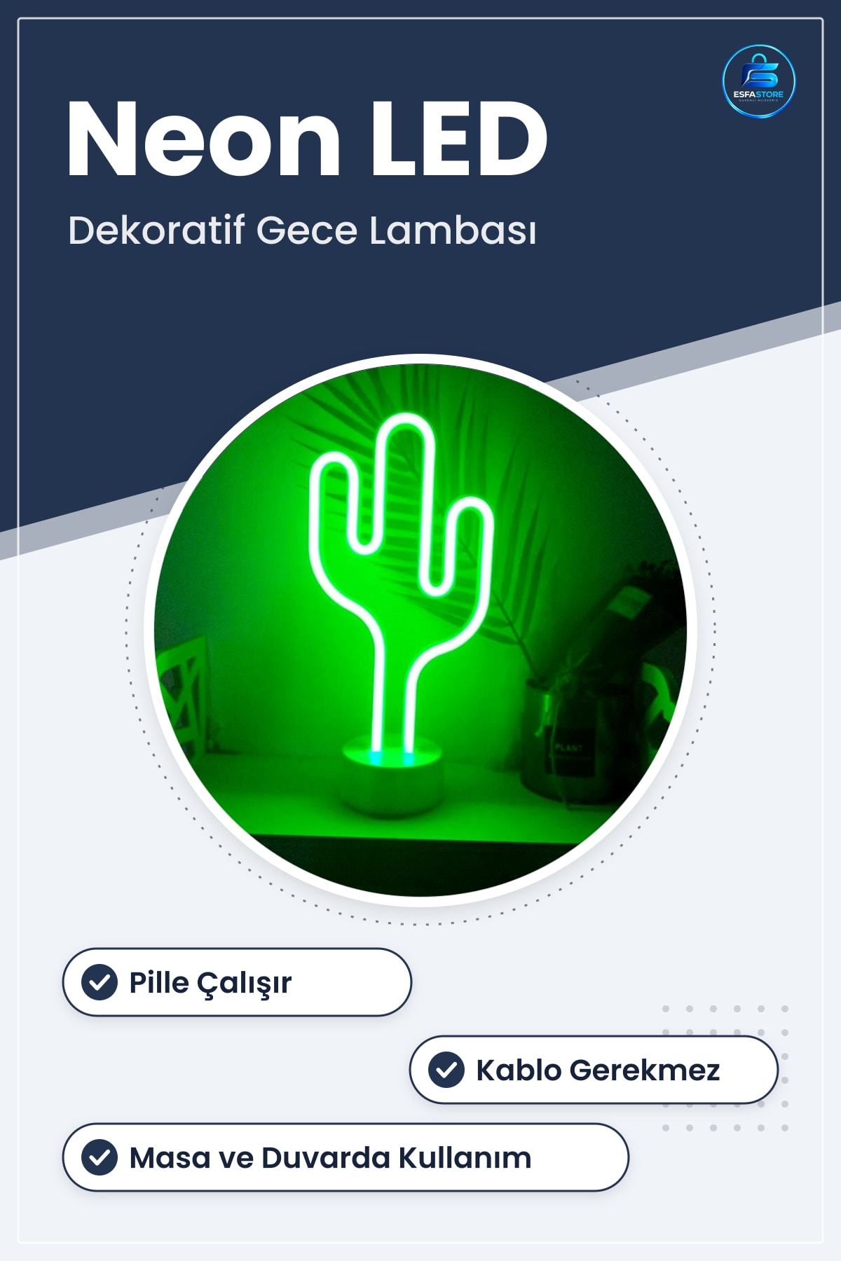 Kaktüs Dekoratif Neon LED Masa ve Duvar Lambası Pilli Gece Işığı 22x22 cm Dekor Aydınlatma