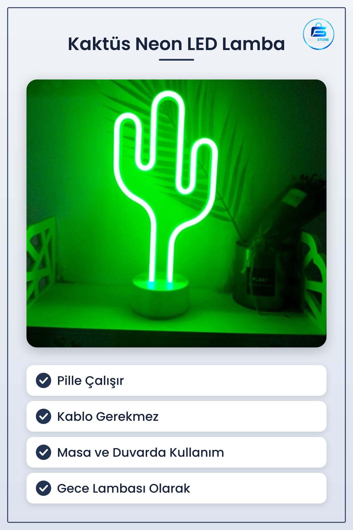 Kaktüs Dekoratif Neon LED Masa ve Duvar Lambası Pilli Gece Işığı 22x22 cm Dekor Aydınlatma