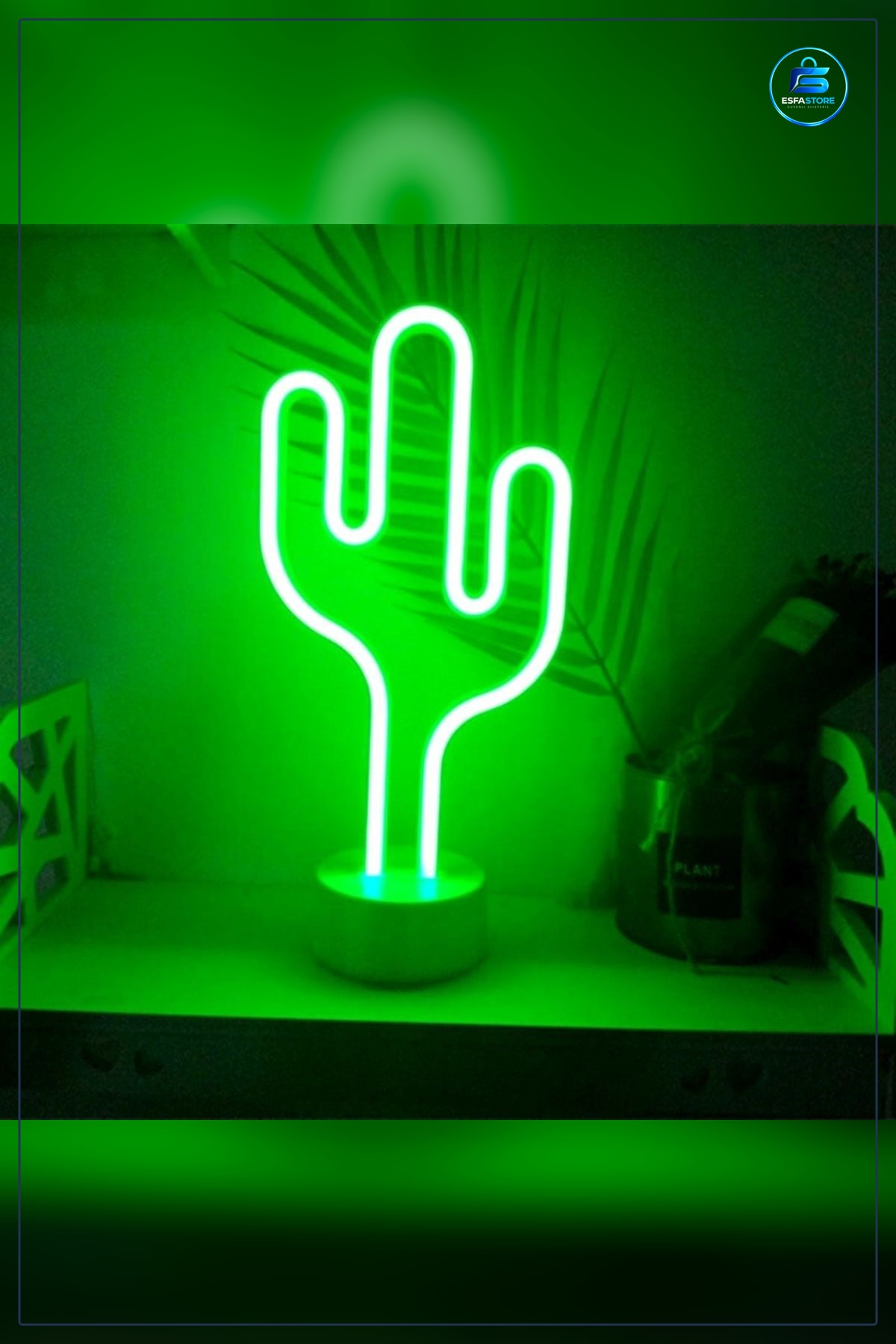 Kaktüs Dekoratif Neon LED Masa ve Duvar Lambası Pilli Gece Işığı 22x22 cm Dekor Aydınlatma