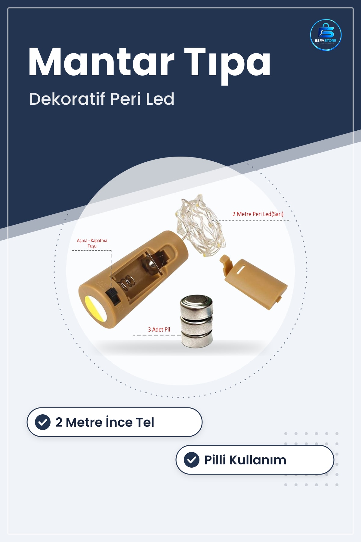 ŞÖŞé Mantar Tıpa Şeklinde Peri Led 2 Metre İnce Tel Pilli Sarı Dekoratif Işık Dekorasyon