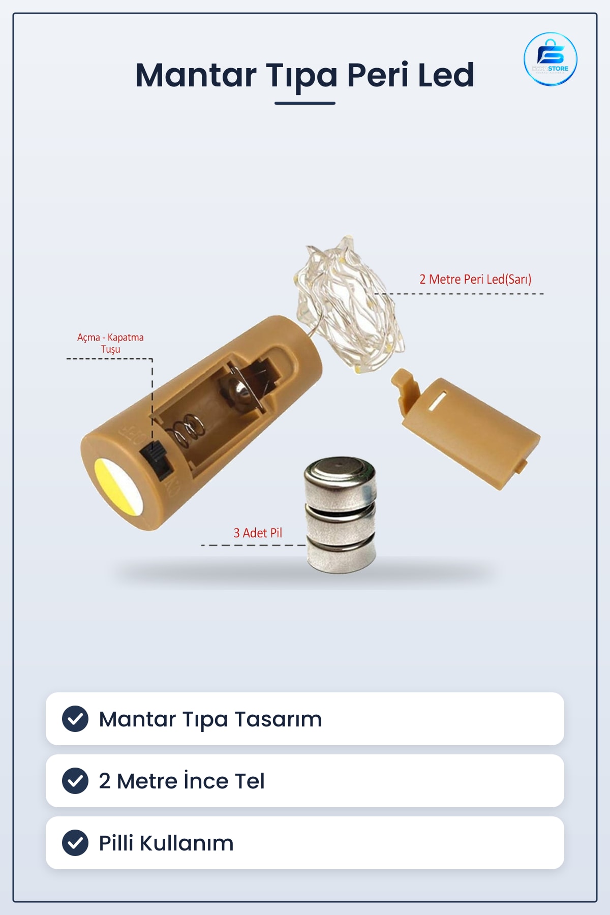 ŞÖŞé Mantar Tıpa Şeklinde Peri Led 2 Metre İnce Tel Pilli Sarı Dekoratif Işık Dekorasyon