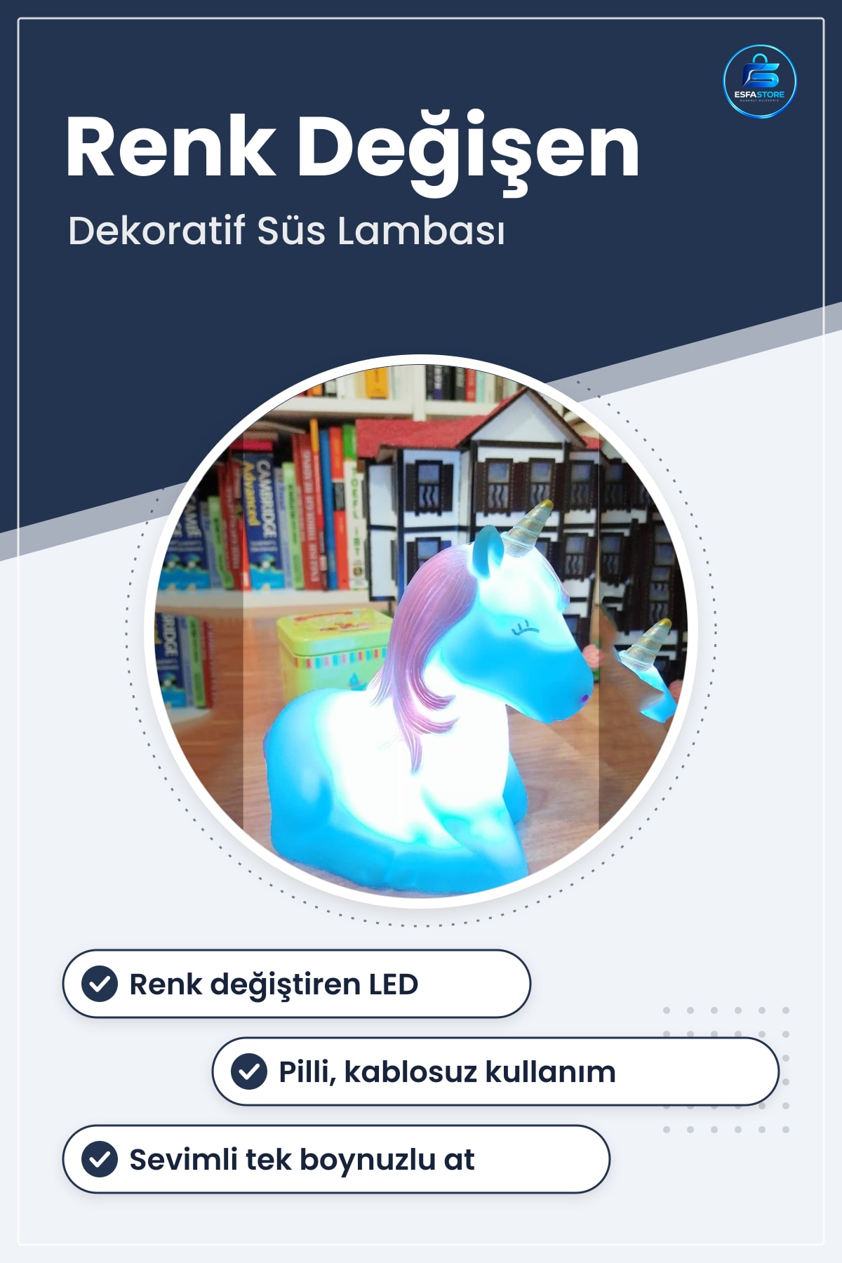 Unicorn Gece Lambası Renk Değiştiren Pilli LED Dekoratif Çocuk Odası Süs Işığı Mavi Aydınlatma