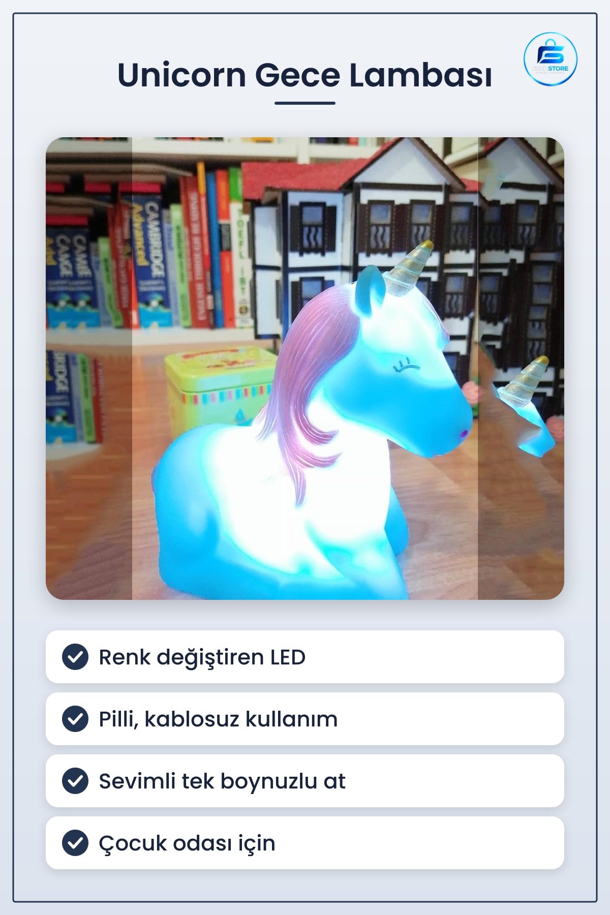 Unicorn Gece Lambası Renk Değiştiren Pilli LED Dekoratif Çocuk Odası Süs Işığı Mavi Aydınlatma