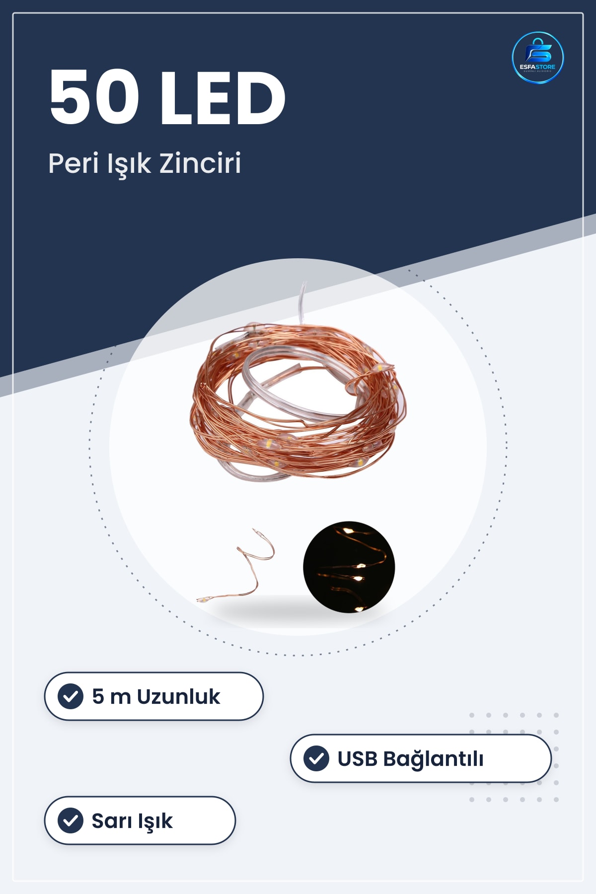 Peri Işık Zinciri 5 m 50 LED USB Bağlantılı Sarı Yılbaşı Dekoratif Konsept Aydınlatma