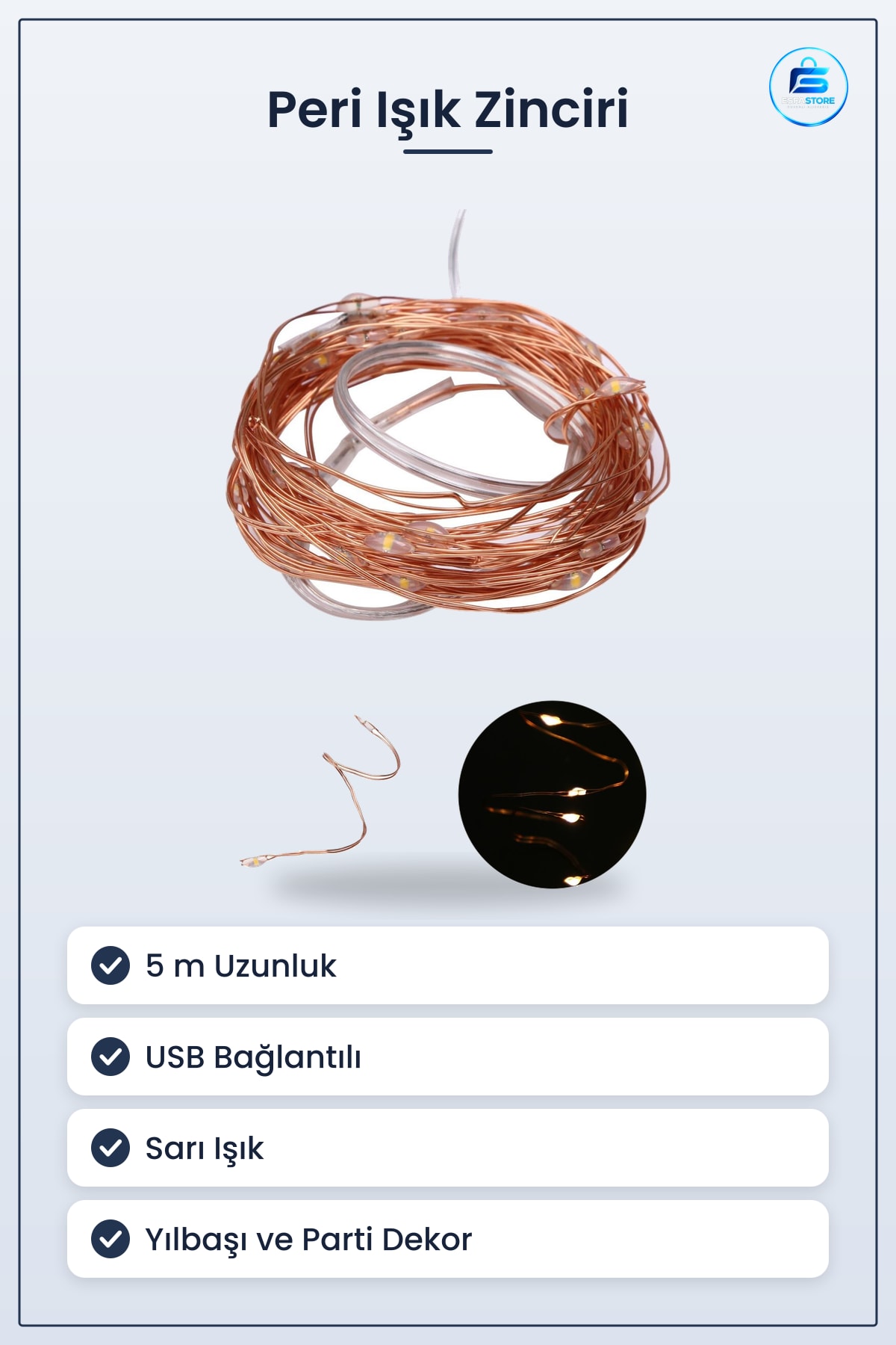 Peri Işık Zinciri 5 m 50 LED USB Bağlantılı Sarı Yılbaşı Dekoratif Konsept Aydınlatma
