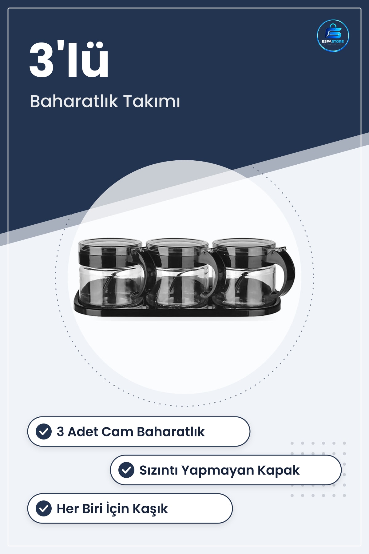 Baharatlık Takımı Siyah 3lü Standılı Kapaklı Kaşıklı Cam Hava Sızdırmaz 300 ml Mutfak