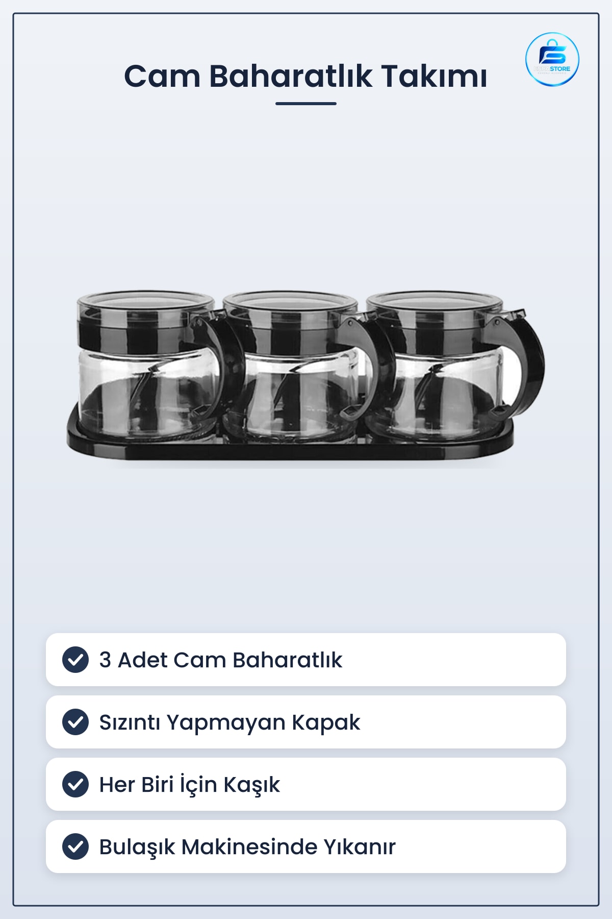 Baharatlık Takımı Siyah 3lü Standılı Kapaklı Kaşıklı Cam Hava Sızdırmaz 300 ml Mutfak