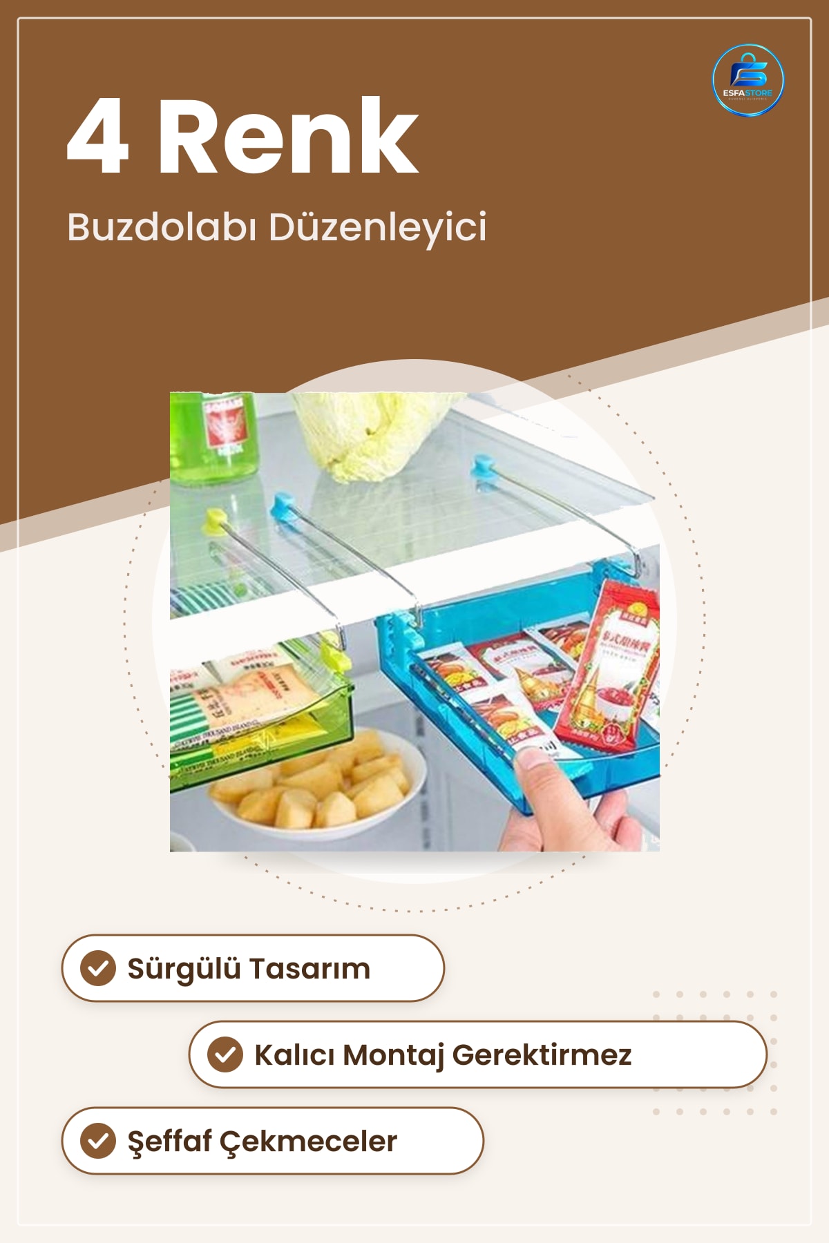 Buzdolabı Çekmeceli Düzenleyici Çok Amaçlı Raf Portatif Mutfak Saklama Sepeti Plastik Kayar Pratik