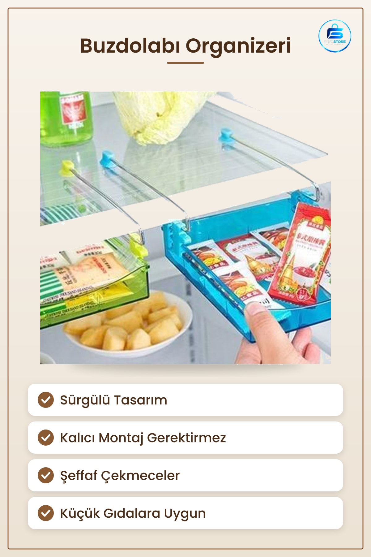 Buzdolabı Çekmeceli Düzenleyici Çok Amaçlı Raf Portatif Mutfak Saklama Sepeti Plastik Kayar Pratik