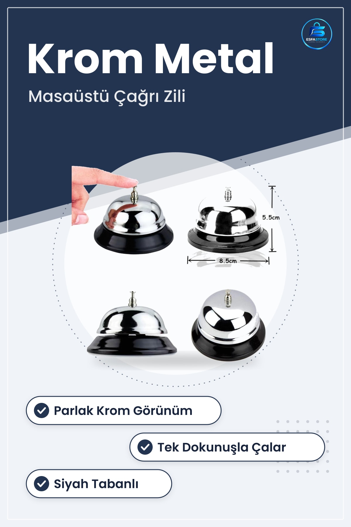 Masaüstü Krom Metal Resepsiyon Çağırma Zili Siyah Tabanlı Otel Kafe Servis Çanı Dekoratif
