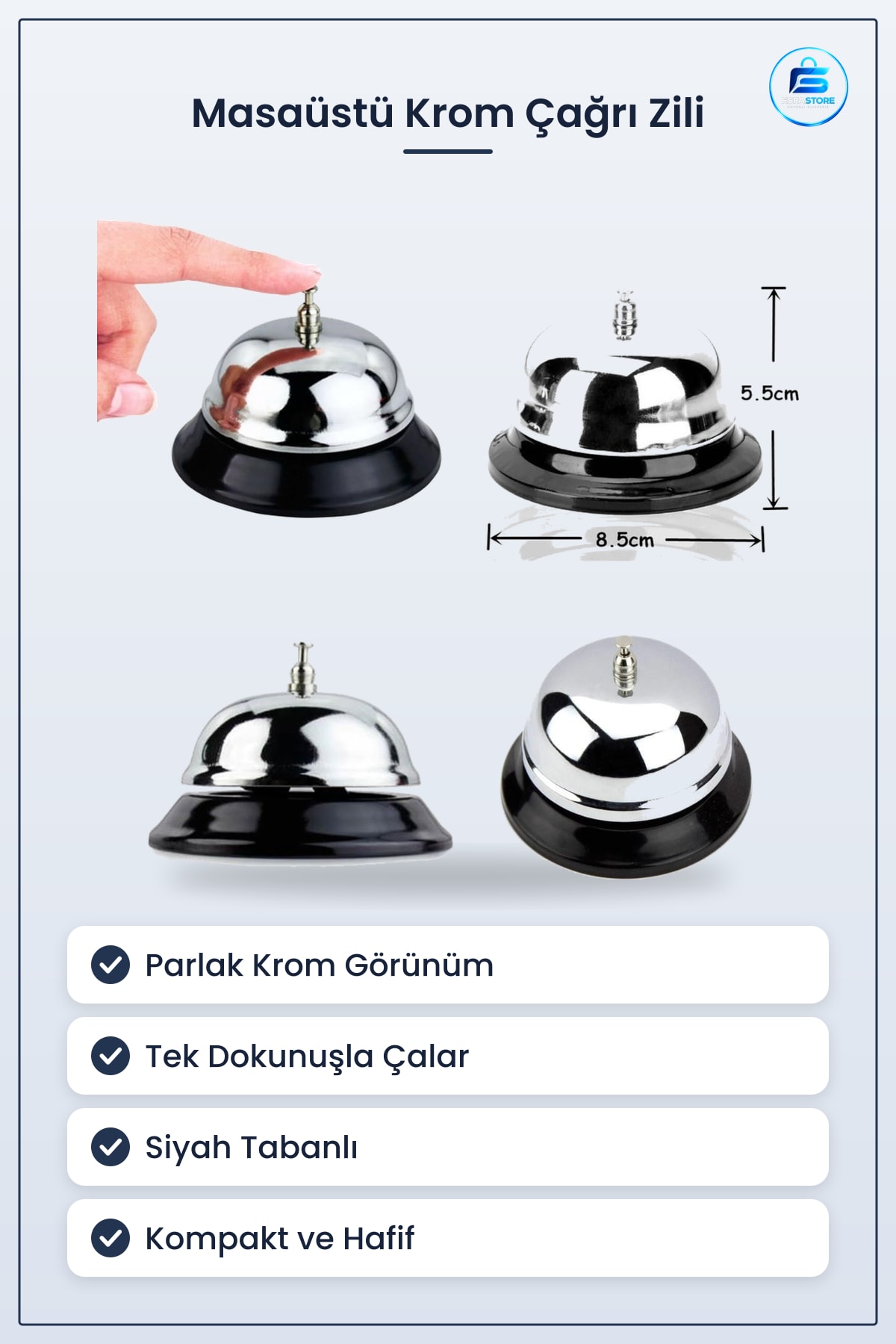 Masaüstü Krom Metal Resepsiyon Çağırma Zili Siyah Tabanlı Otel Kafe Servis Çanı Dekoratif
