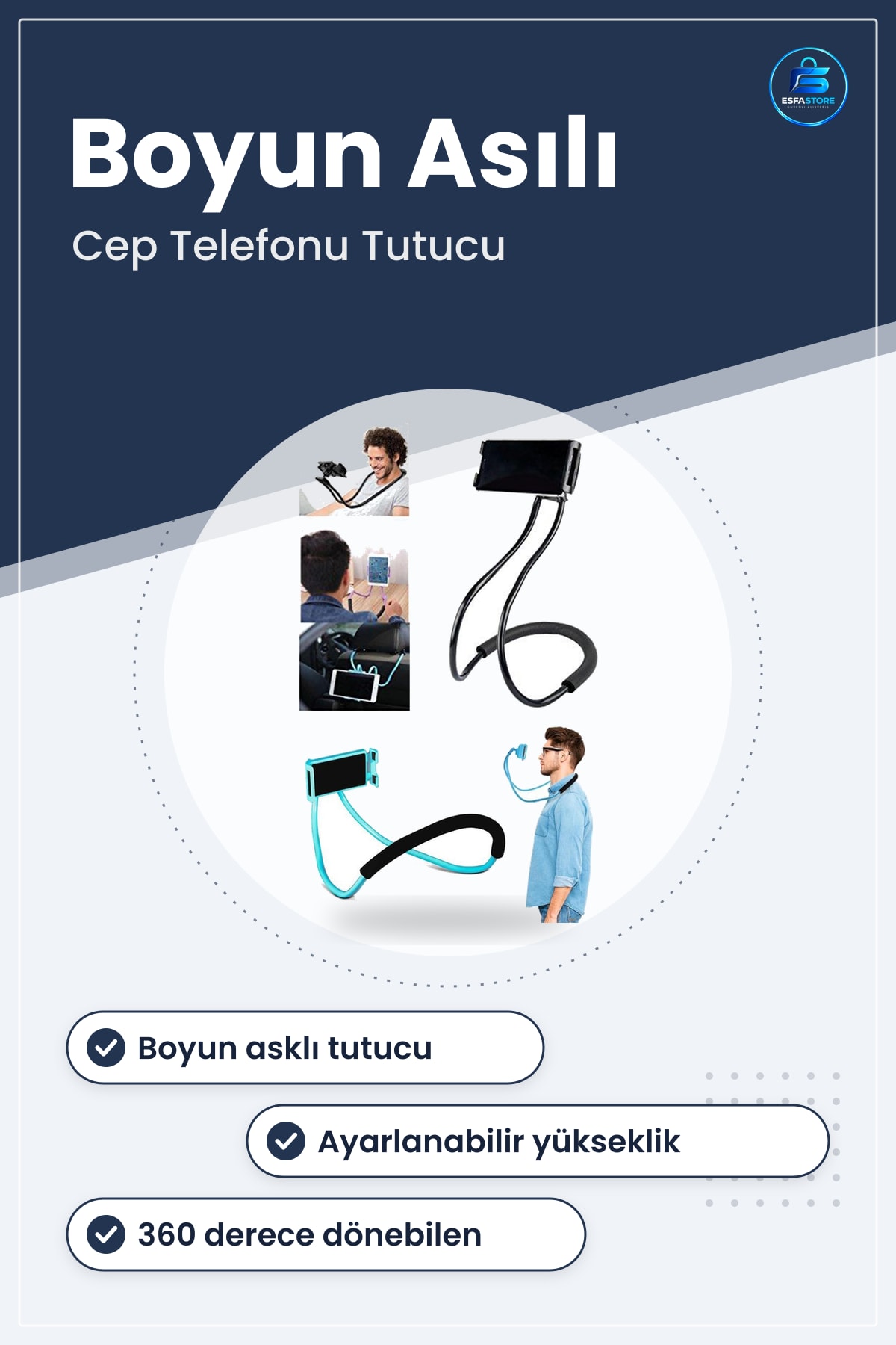 Boyun Askılı Ergonomik Cep Telefonu Tutucu Stand Ayarlanabilir Yükseklik Dönebilen Pratik Aparat