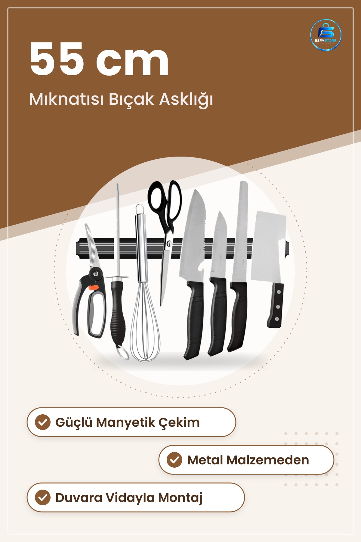 Mıknatıslı Paslanmaz Duvar Bıçak Askısı Mutfak Aparatı Kullanışlı Dayanıklı Pratik Özel Tasarım